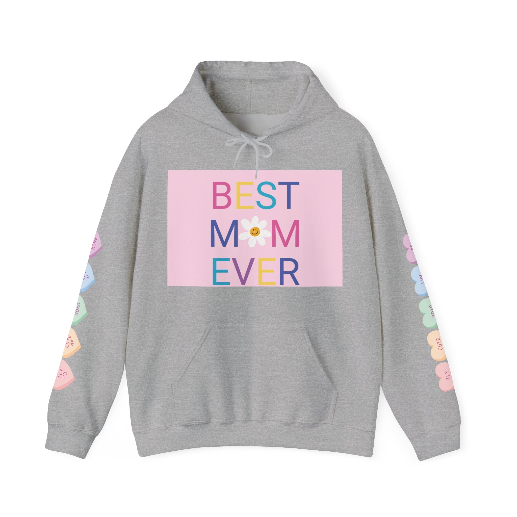 Best Mom Ever Hoodie – Pastel Graphic Mother’s Day Sweatshirt with Pink Statue of Liberty Back and Candy Heart Sleeve Accents