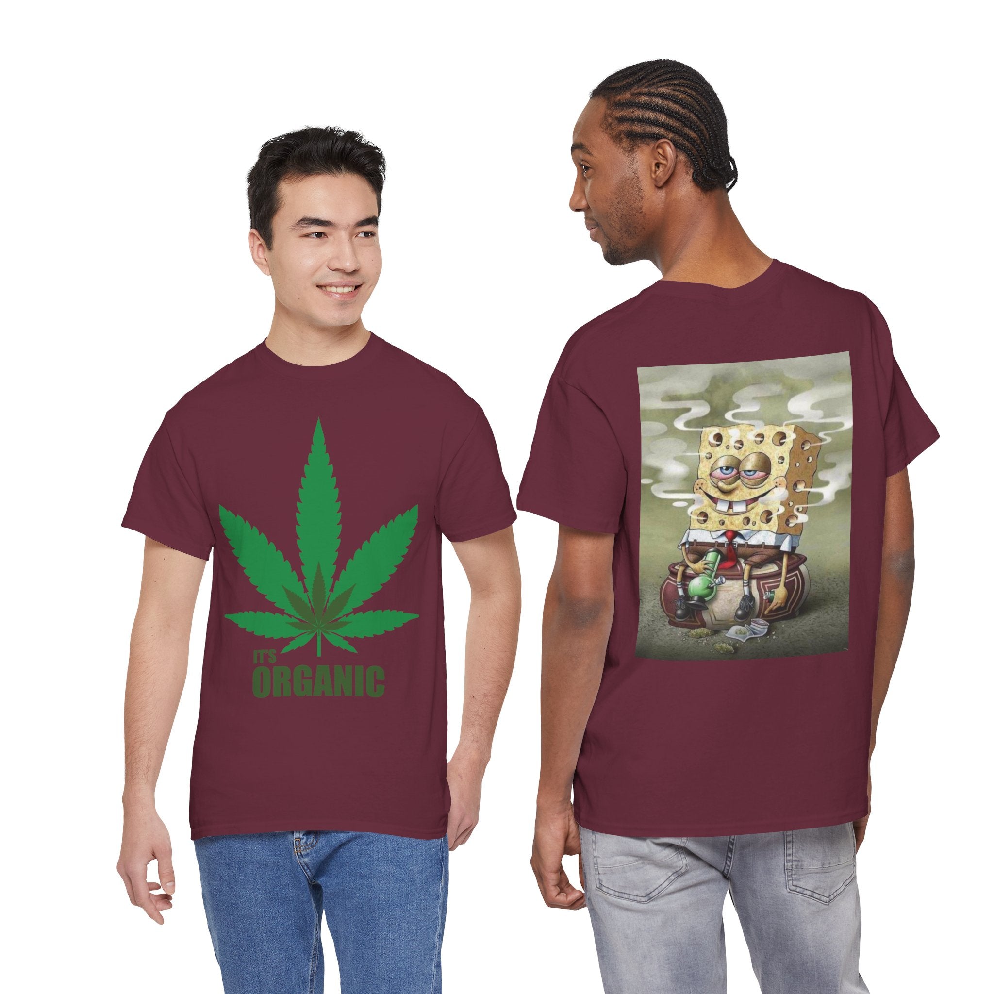 Organic Cannabis Leaf T‑Shirt — "It's Organic" Graphic Tee (Sponge Parody Back Print)