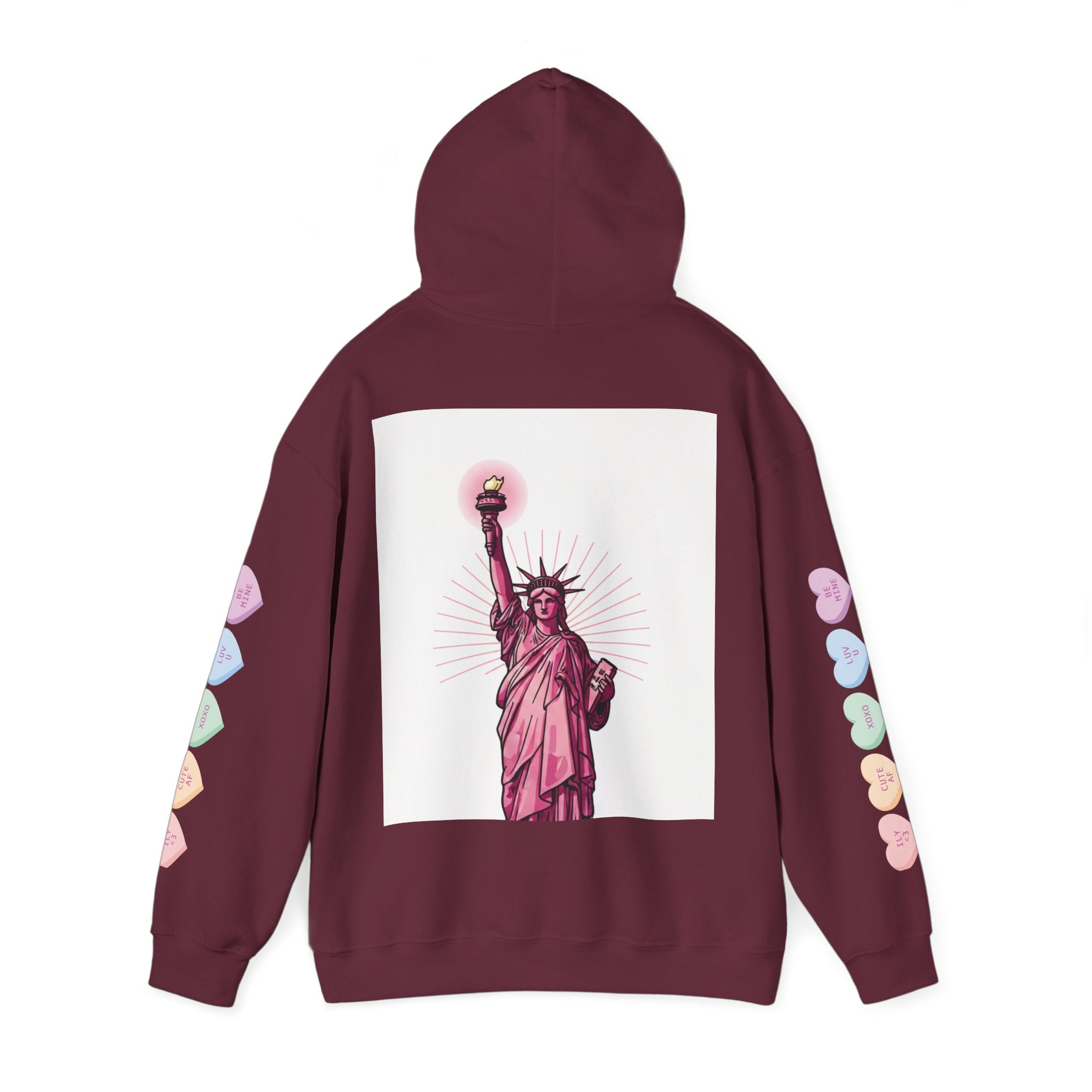 Best Mom Ever Hoodie – Pastel Graphic Mother’s Day Sweatshirt with Pink Statue of Liberty Back and Candy Heart Sleeve Accents