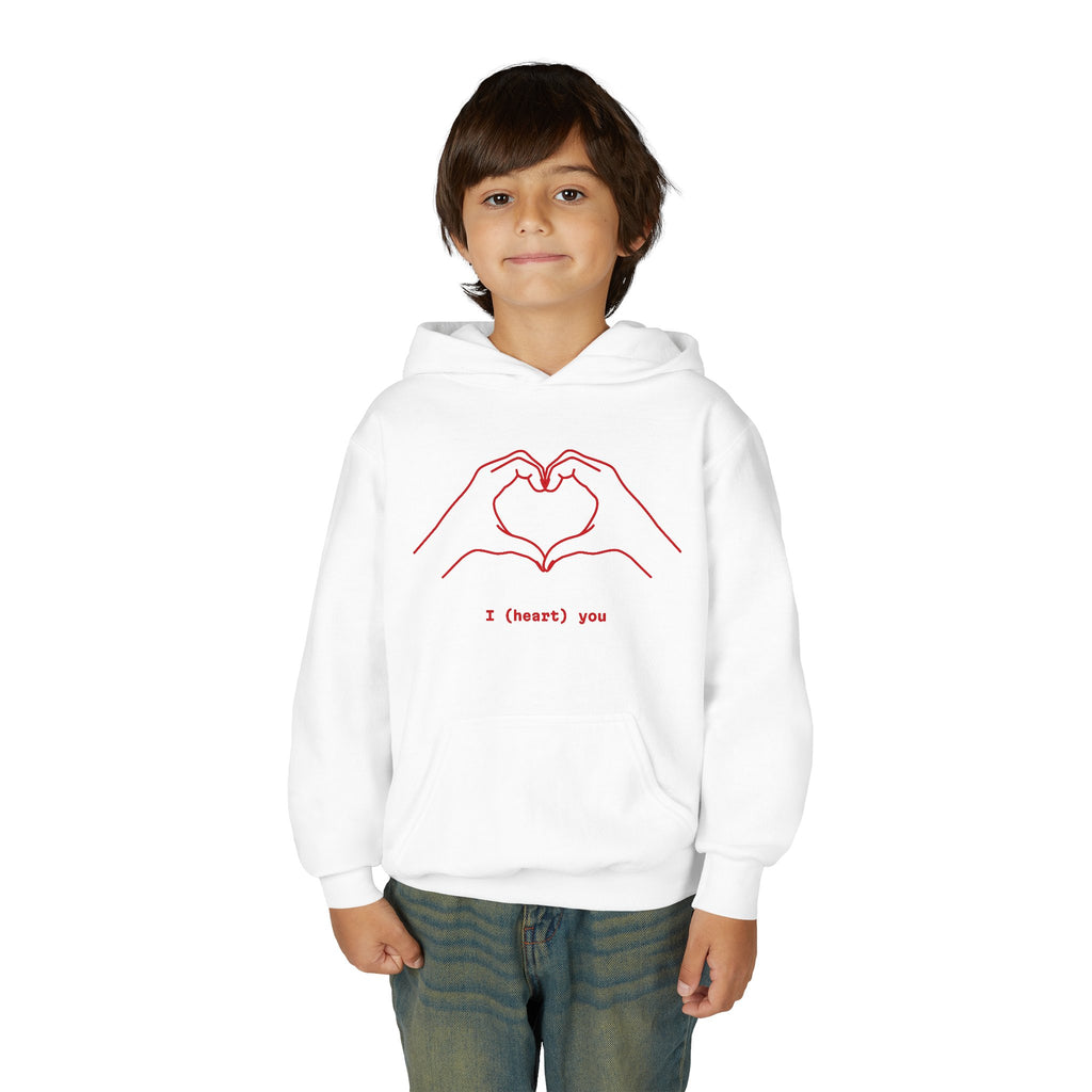Youth Hoodie — Minimal Valentine Heart Hands "I (heart) you" Design