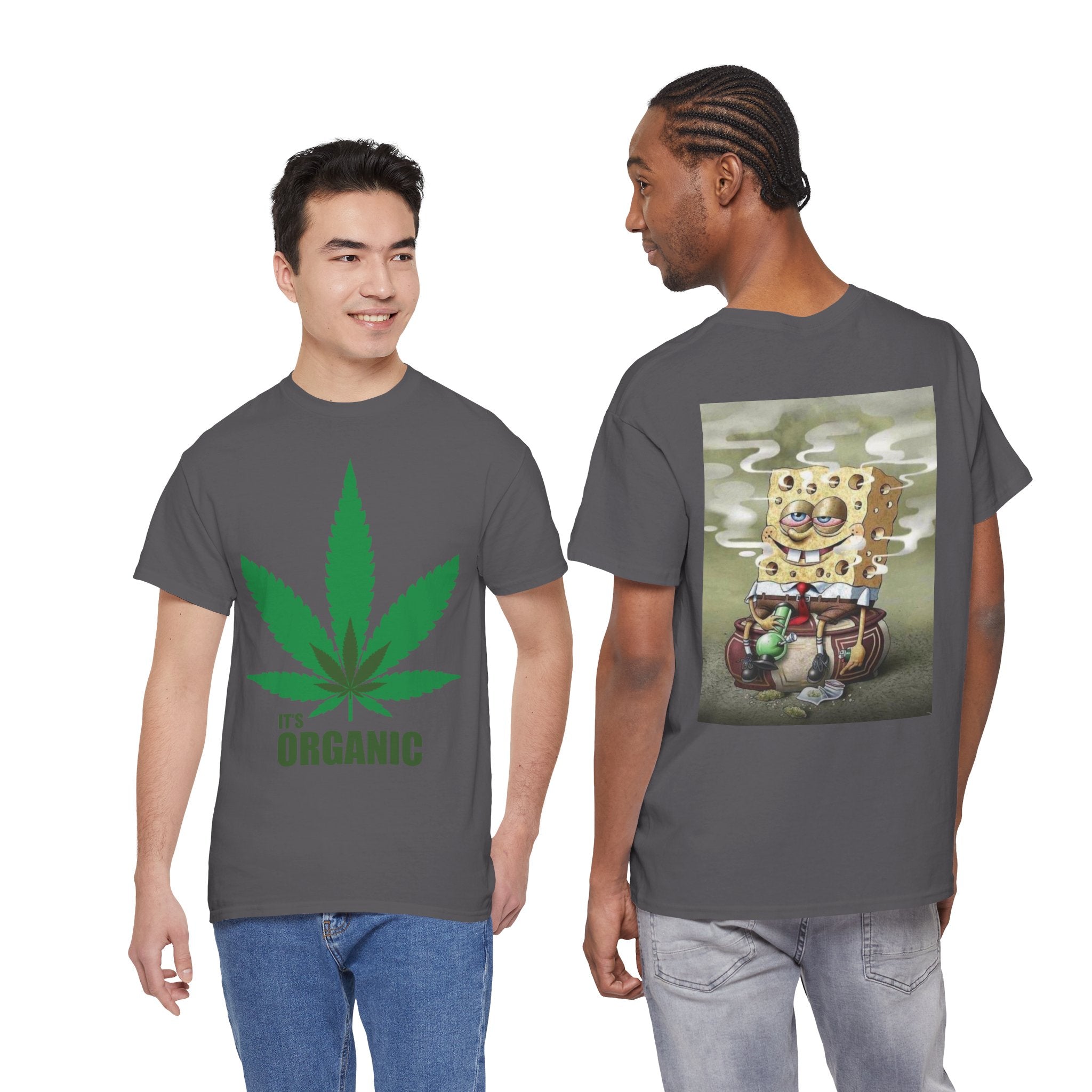 Organic Cannabis Leaf T‑Shirt — "It's Organic" Graphic Tee (Sponge Parody Back Print)