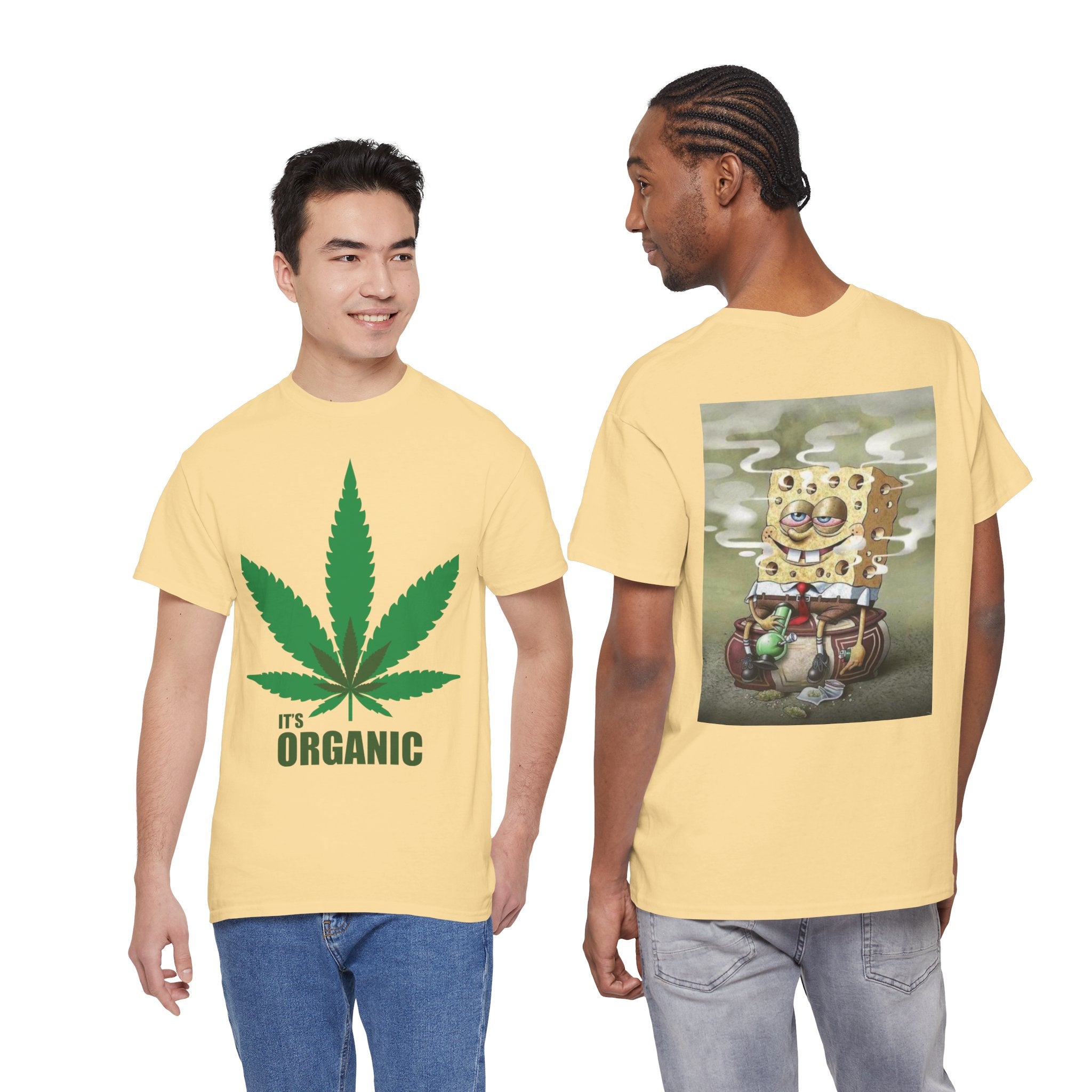 Organic Cannabis Leaf T‑Shirt — "It's Organic" Graphic Tee (Sponge Parody Back Print)