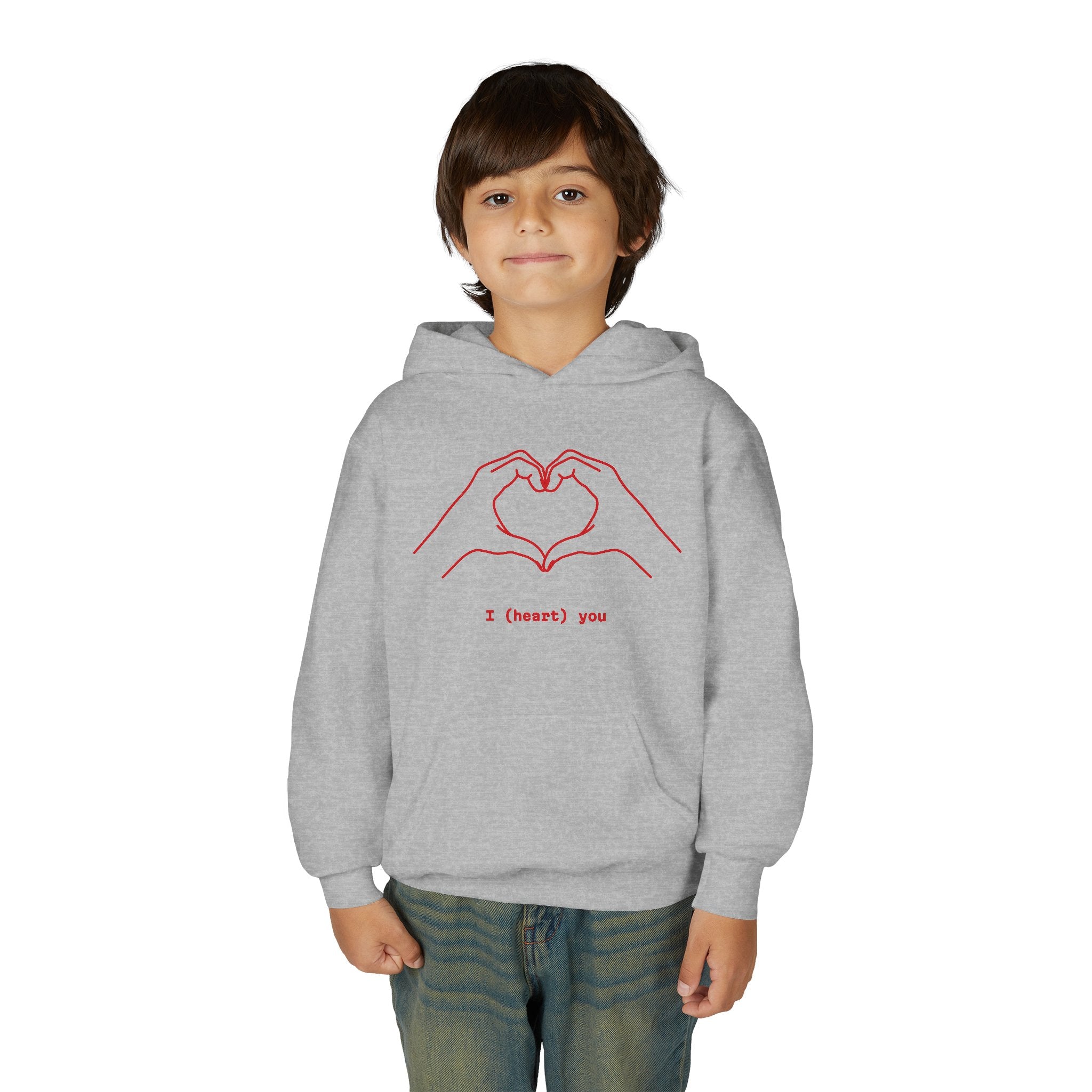 Youth Hoodie — Minimal Valentine Heart Hands "I (heart) you" Design