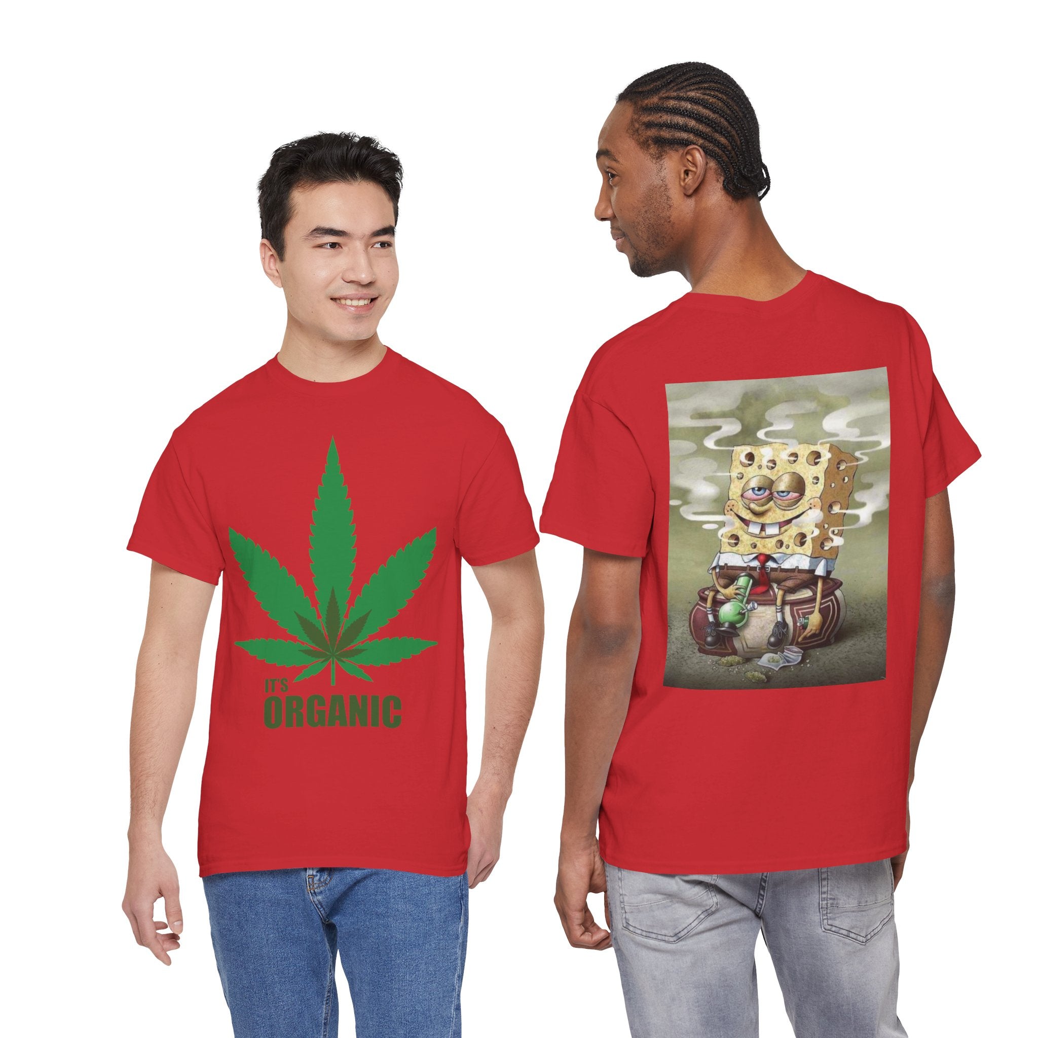 Organic Cannabis Leaf T‑Shirt — "It's Organic" Graphic Tee (Sponge Parody Back Print)