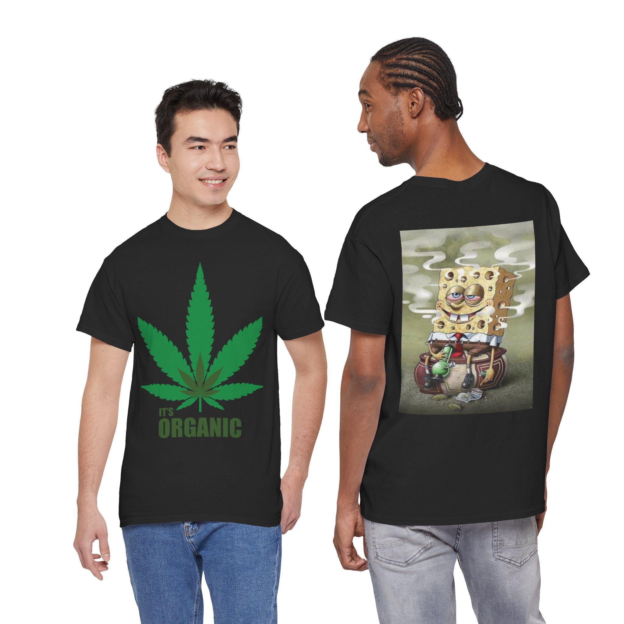 Organic Cannabis Leaf T‑Shirt — "It's Organic" Graphic Tee (Sponge Parody Back Print)