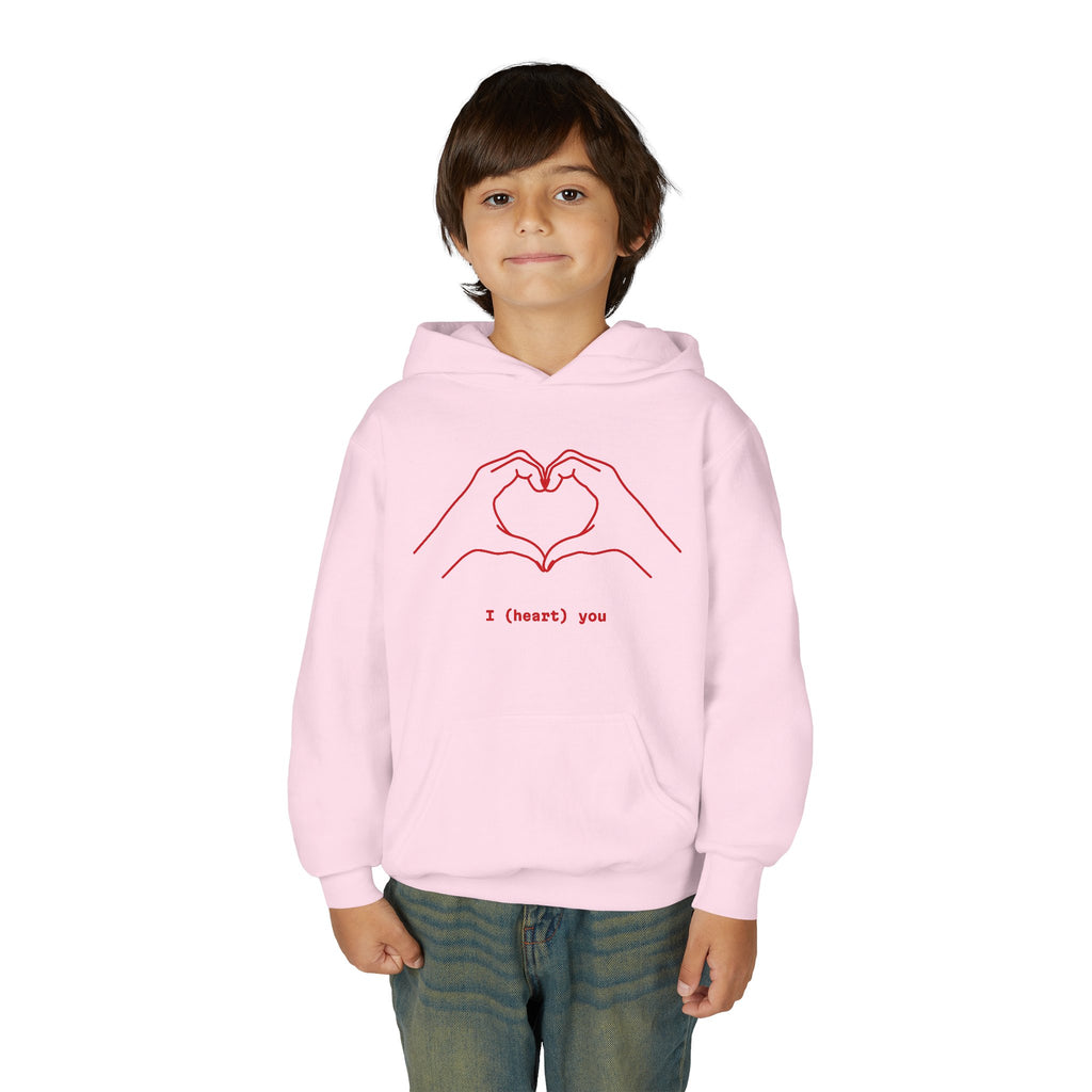 Youth Hoodie — Minimal Valentine Heart Hands "I (heart) you" Design