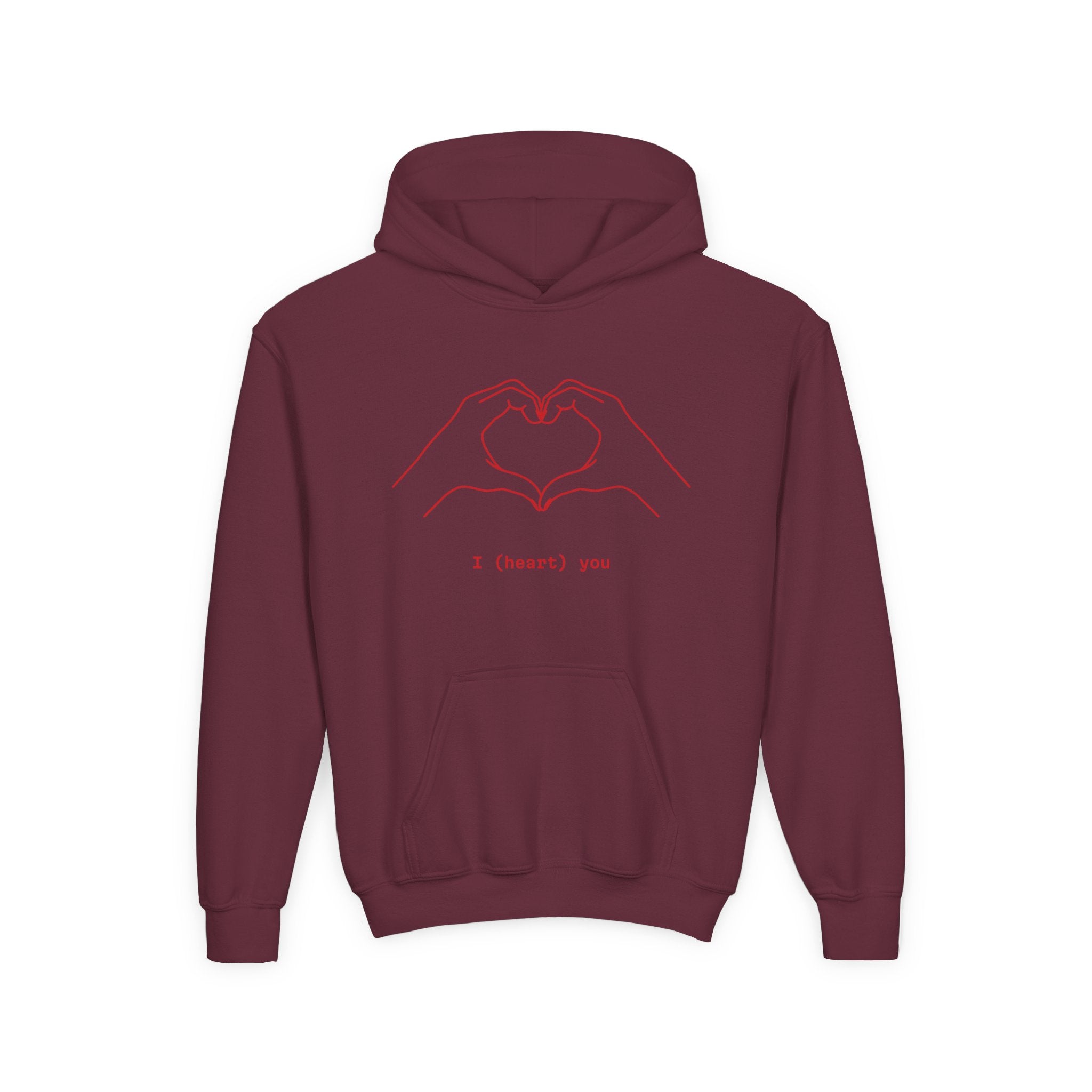 Youth Hoodie — Minimal Valentine Heart Hands "I (heart) you" Design