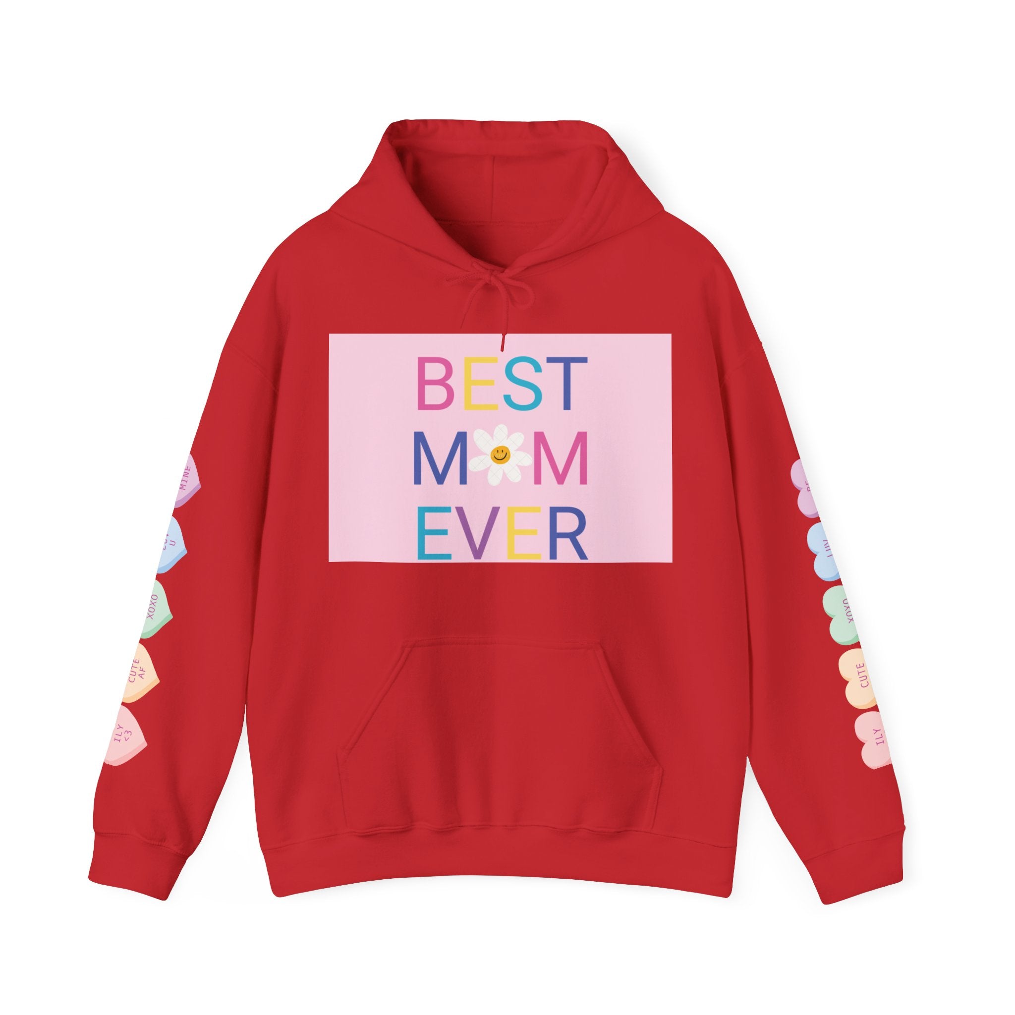 Best Mom Ever Hoodie – Pastel Graphic Mother’s Day Sweatshirt with Pink Statue of Liberty Back and Candy Heart Sleeve Accents