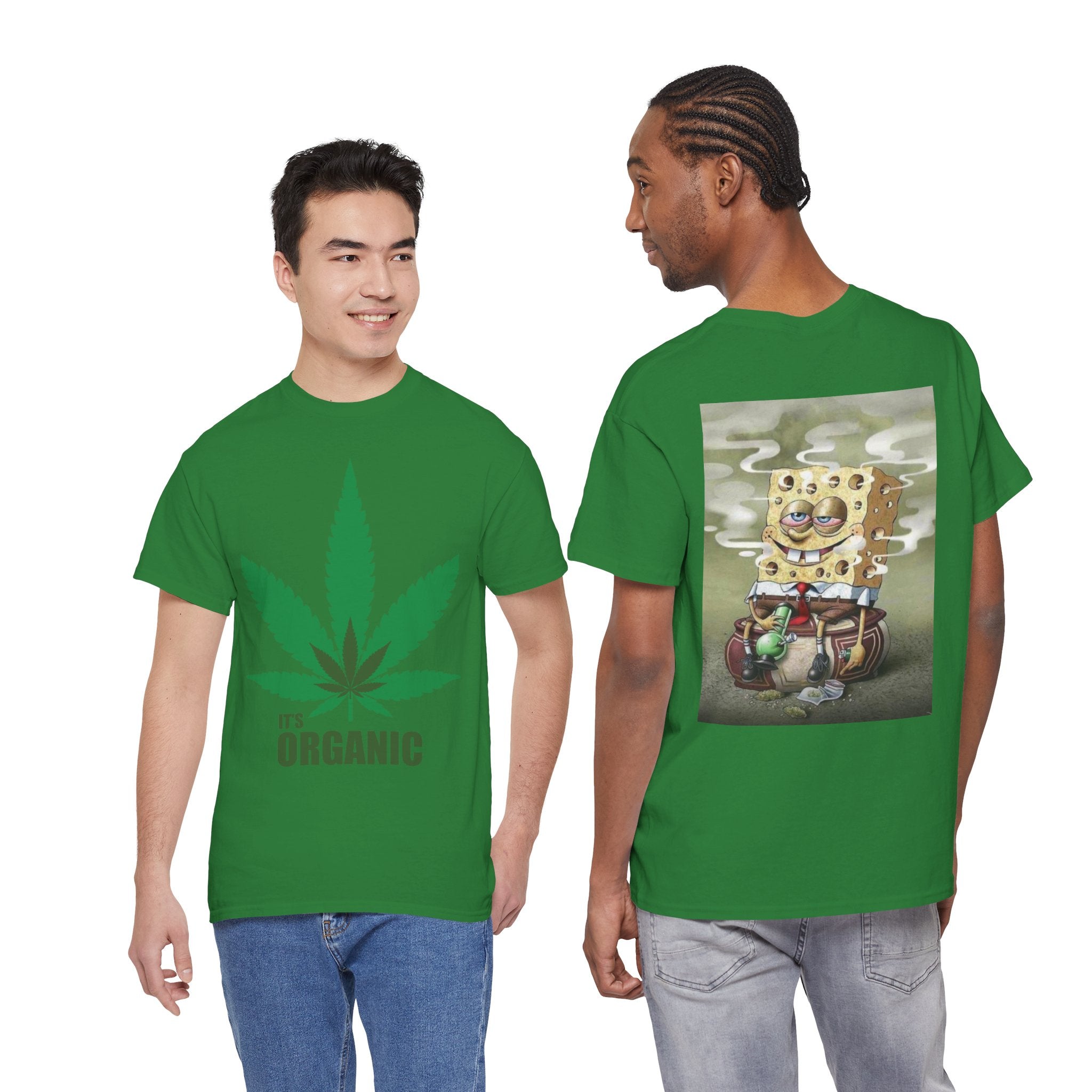 Organic Cannabis Leaf T‑Shirt — "It's Organic" Graphic Tee (Sponge Parody Back Print)