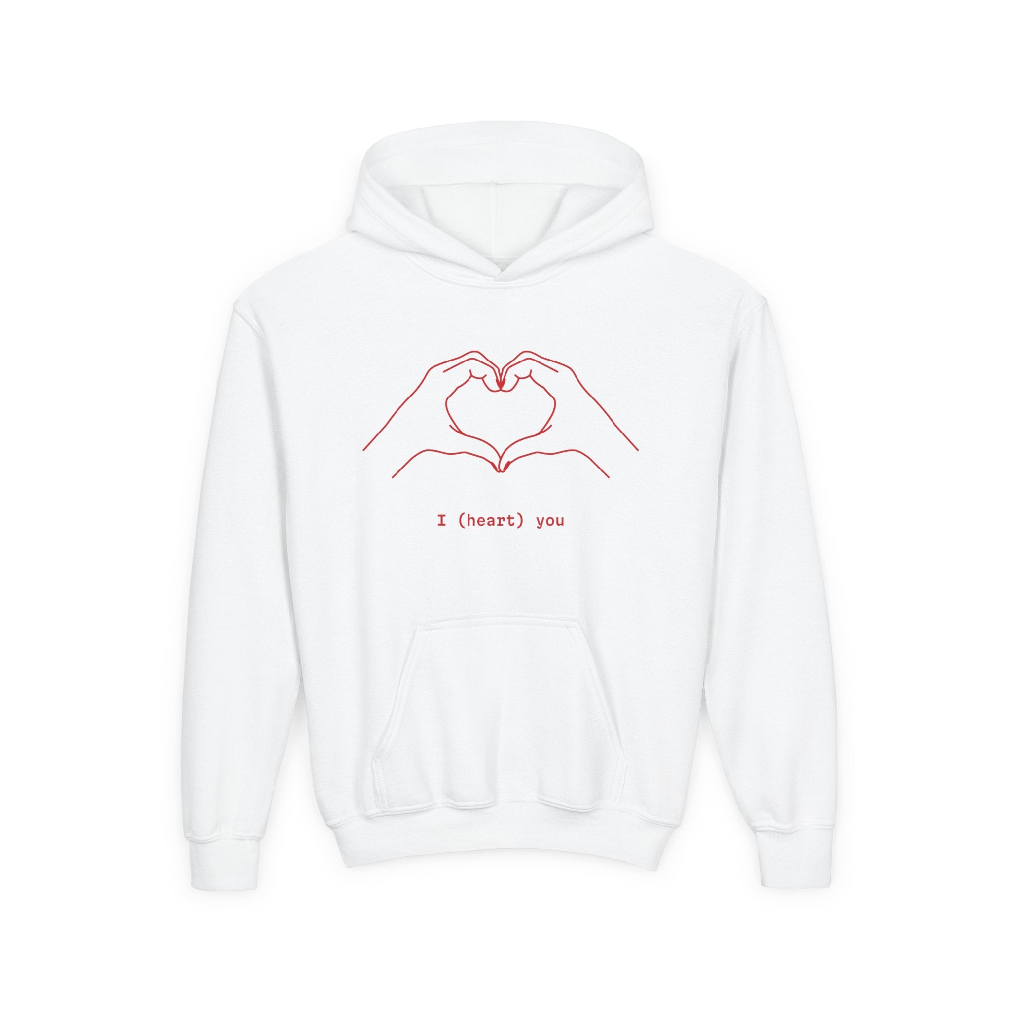 Youth Hoodie — Minimal Valentine Heart Hands "I (heart) you" Design