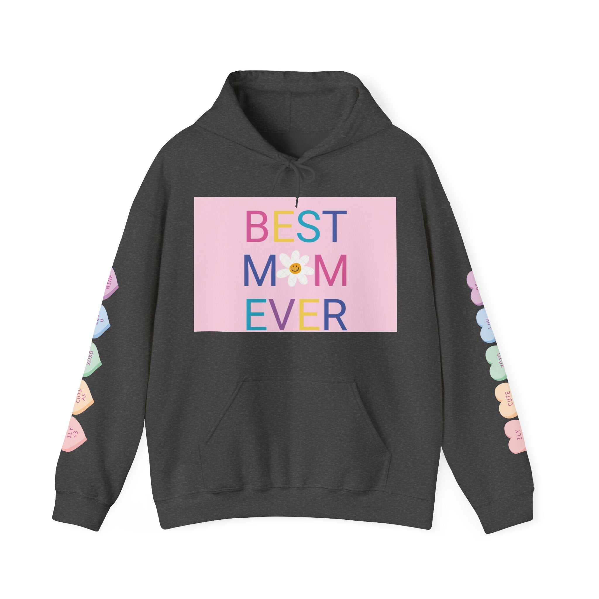 Best Mom Ever Hoodie – Pastel Graphic Mother’s Day Sweatshirt with Pink Statue of Liberty Back and Candy Heart Sleeve Accents