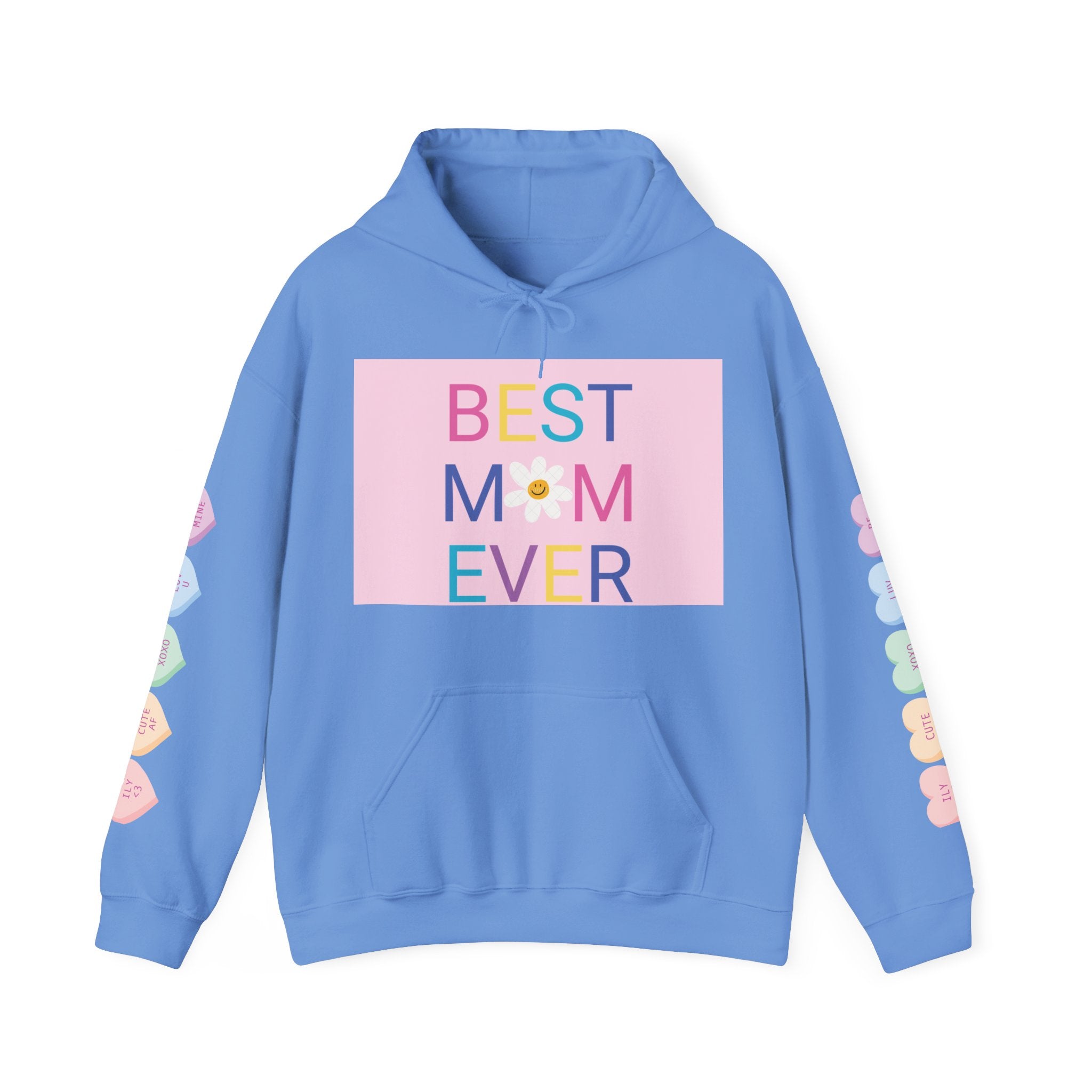 Best Mom Ever Hoodie – Pastel Graphic Mother’s Day Sweatshirt with Pink Statue of Liberty Back and Candy Heart Sleeve Accents