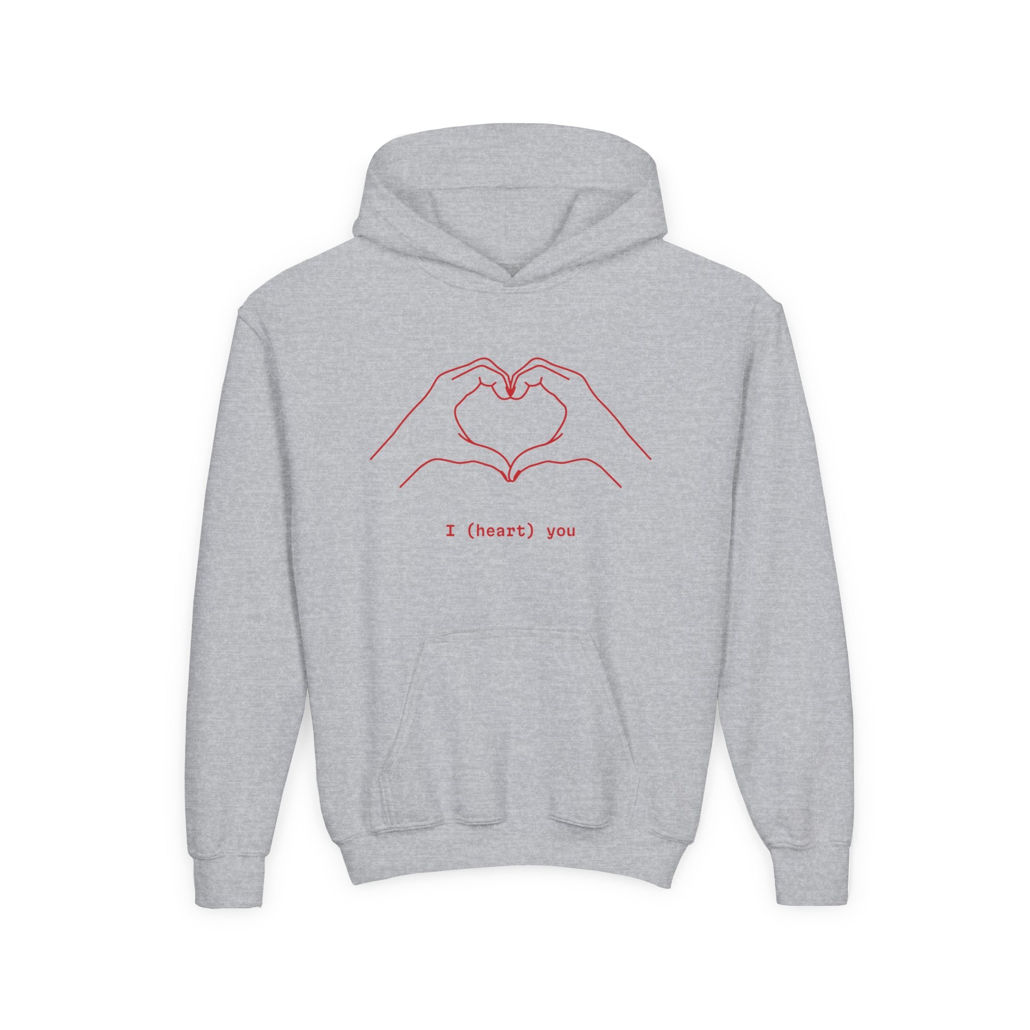 Youth Hoodie — Minimal Valentine Heart Hands "I (heart) you" Design