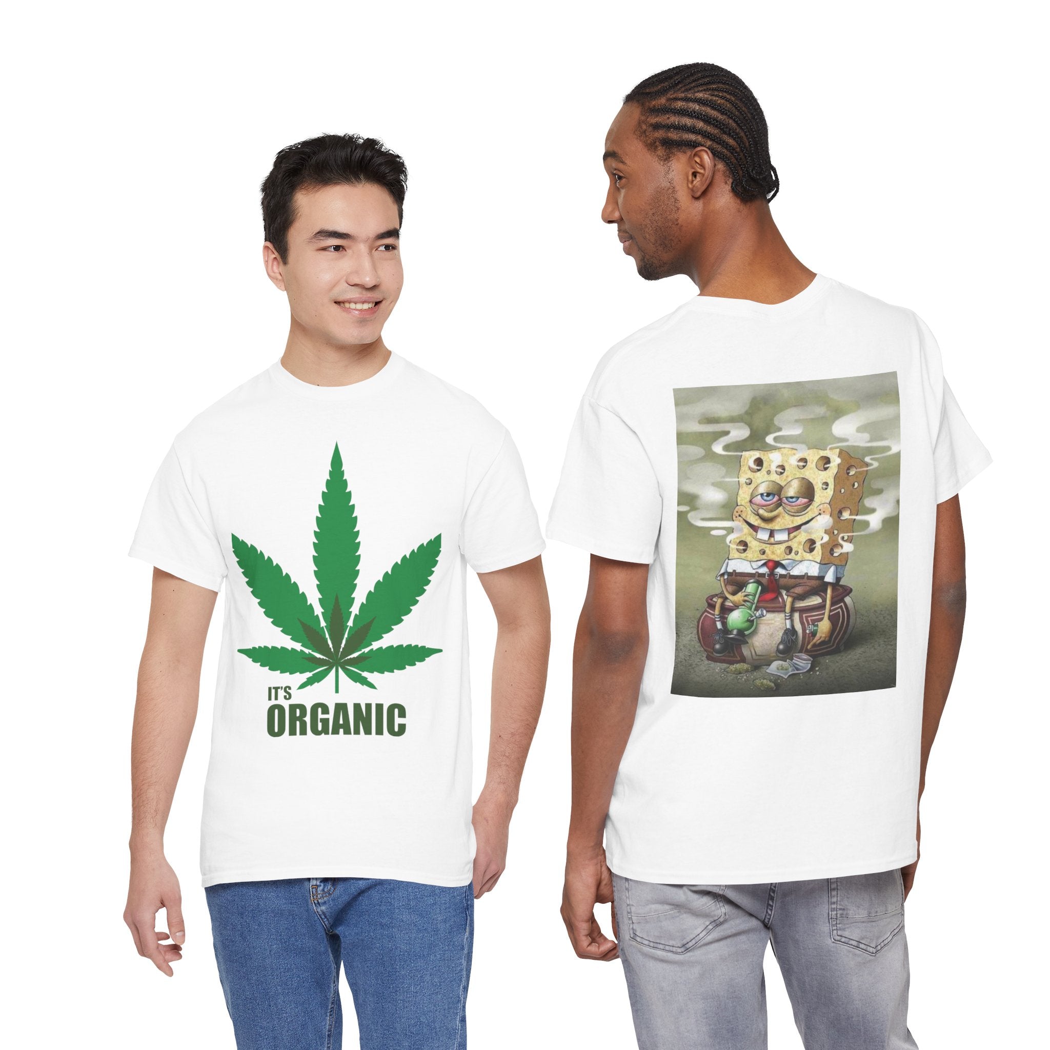 Organic Cannabis Leaf T‑Shirt — "It's Organic" Graphic Tee (Sponge Parody Back Print)