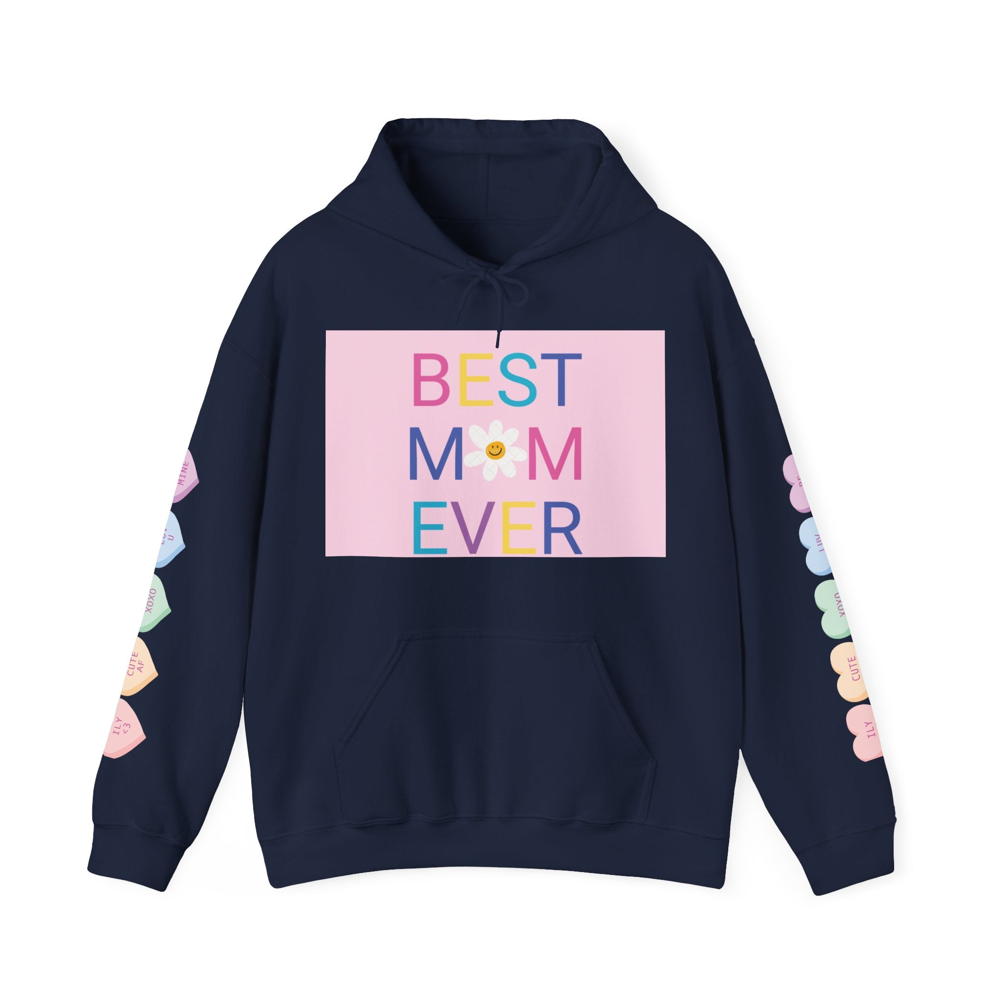 Best Mom Ever Hoodie – Pastel Graphic Mother’s Day Sweatshirt with Pink Statue of Liberty Back and Candy Heart Sleeve Accents
