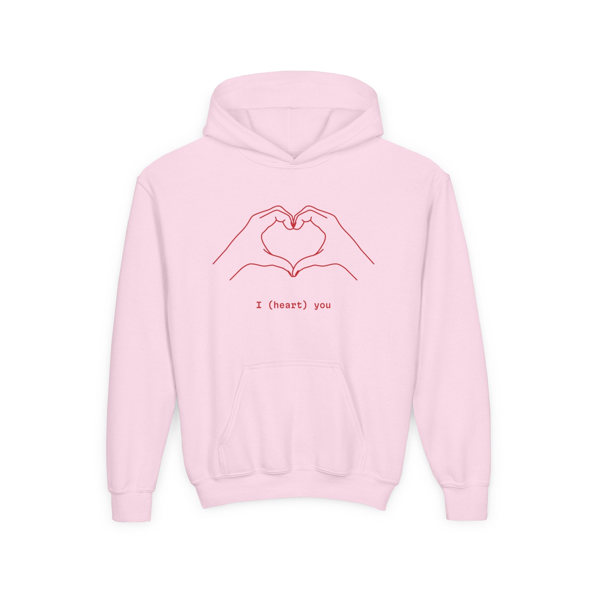 Youth Hoodie — Minimal Valentine Heart Hands "I (heart) you" Design