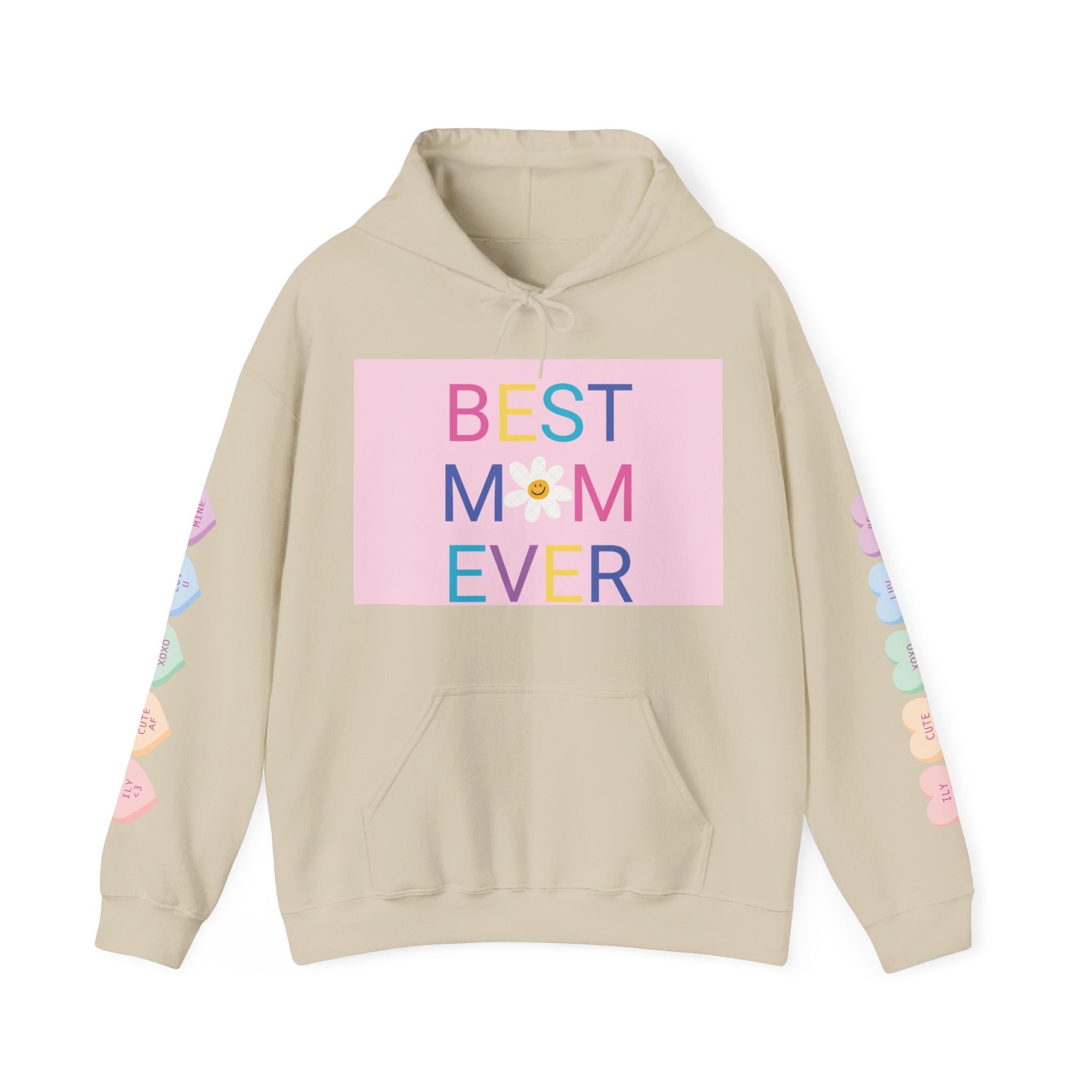 Best Mom Ever Hoodie – Pastel Graphic Mother’s Day Sweatshirt with Pink Statue of Liberty Back and Candy Heart Sleeve Accents