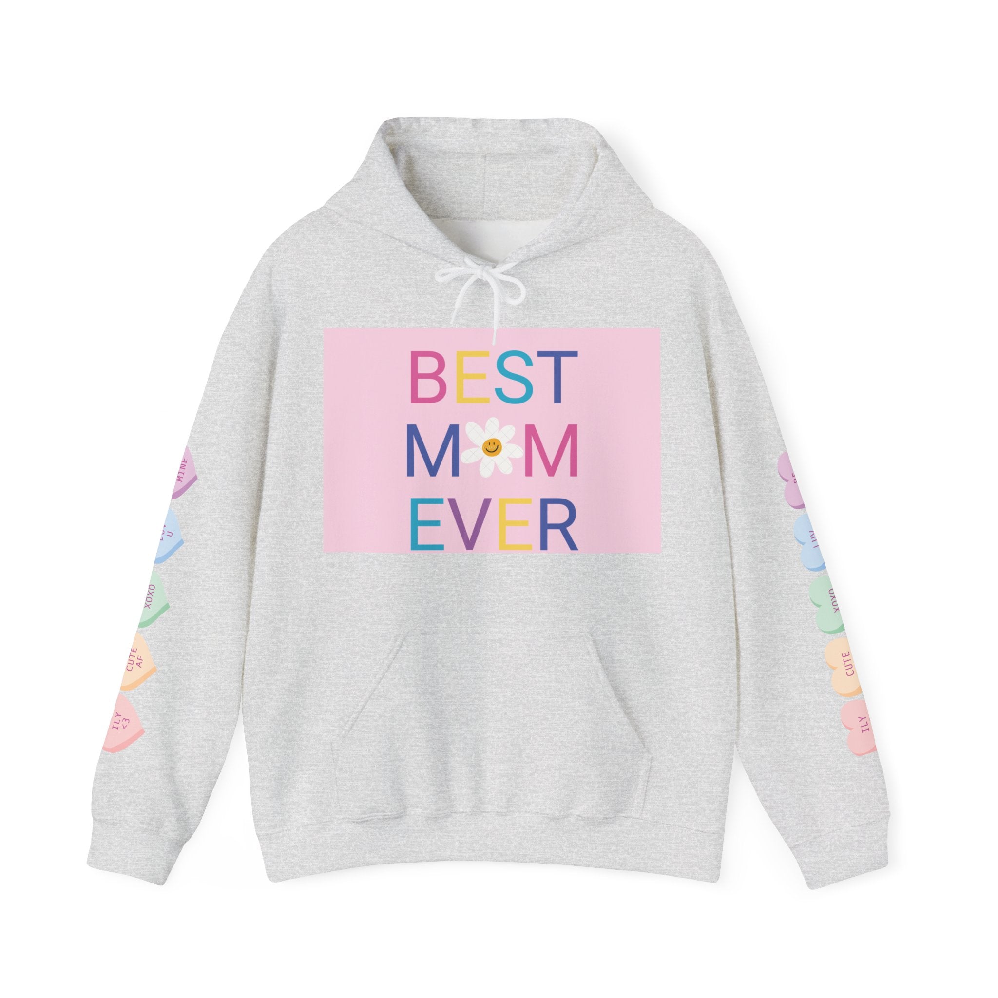 Best Mom Ever Hoodie – Pastel Graphic Mother’s Day Sweatshirt with Pink Statue of Liberty Back and Candy Heart Sleeve Accents