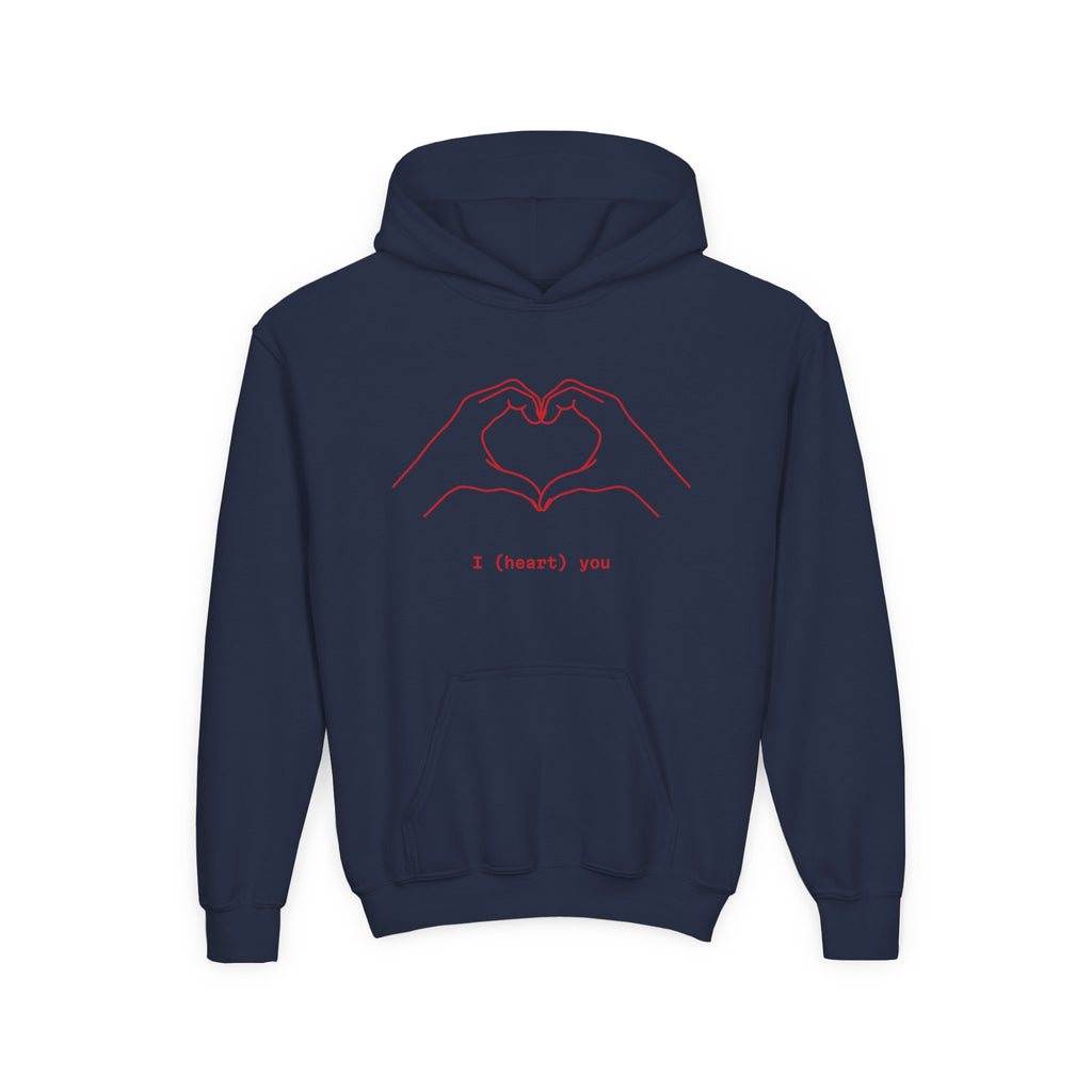 Youth Hoodie — Minimal Valentine Heart Hands "I (heart) you" Design