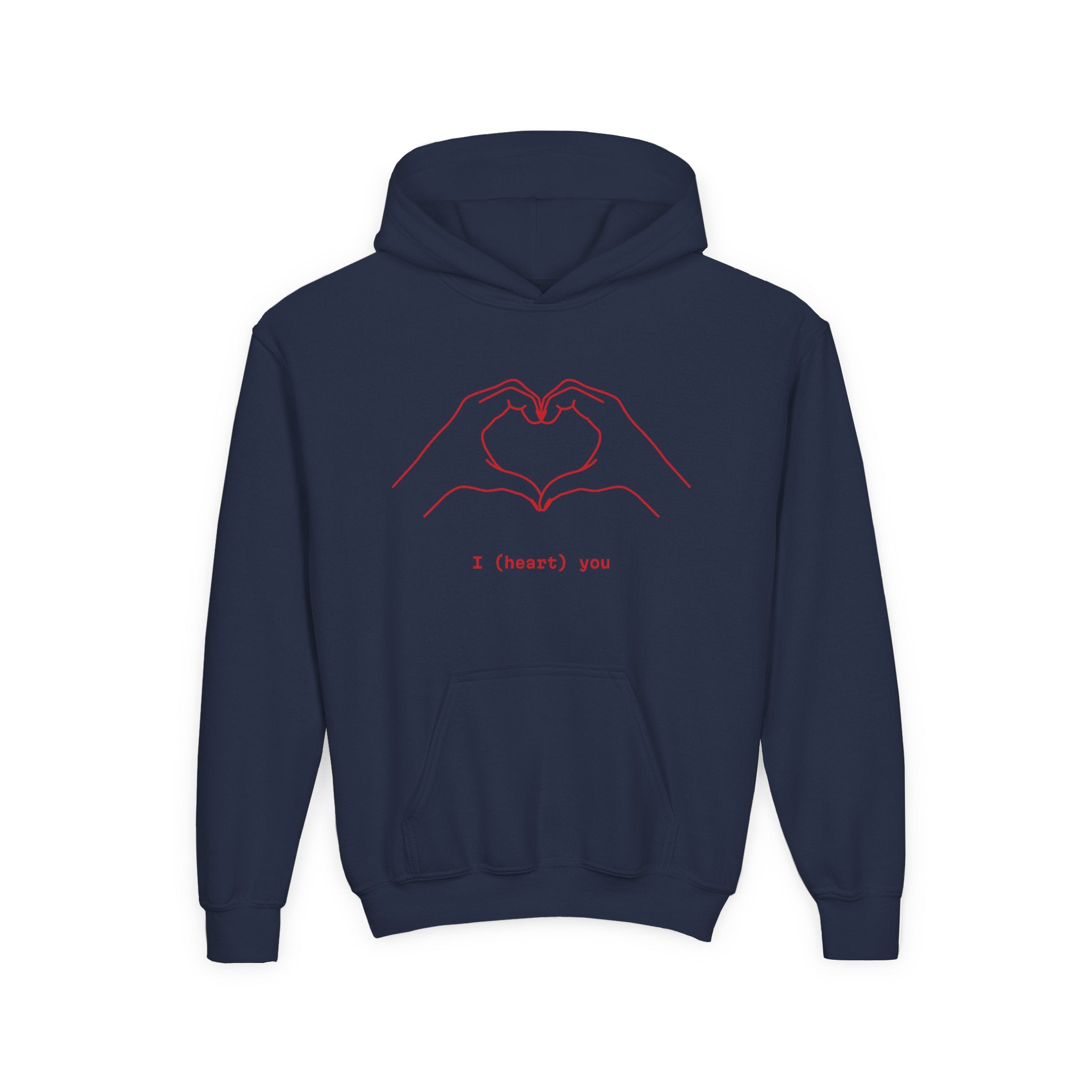 Youth Hoodie — Minimal Valentine Heart Hands "I (heart) you" Design
