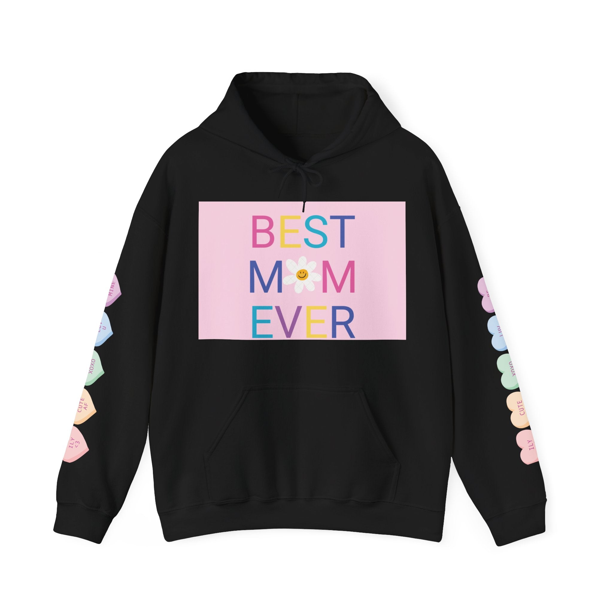 Best Mom Ever Hoodie – Pastel Graphic Mother’s Day Sweatshirt with Pink Statue of Liberty Back and Candy Heart Sleeve Accents
