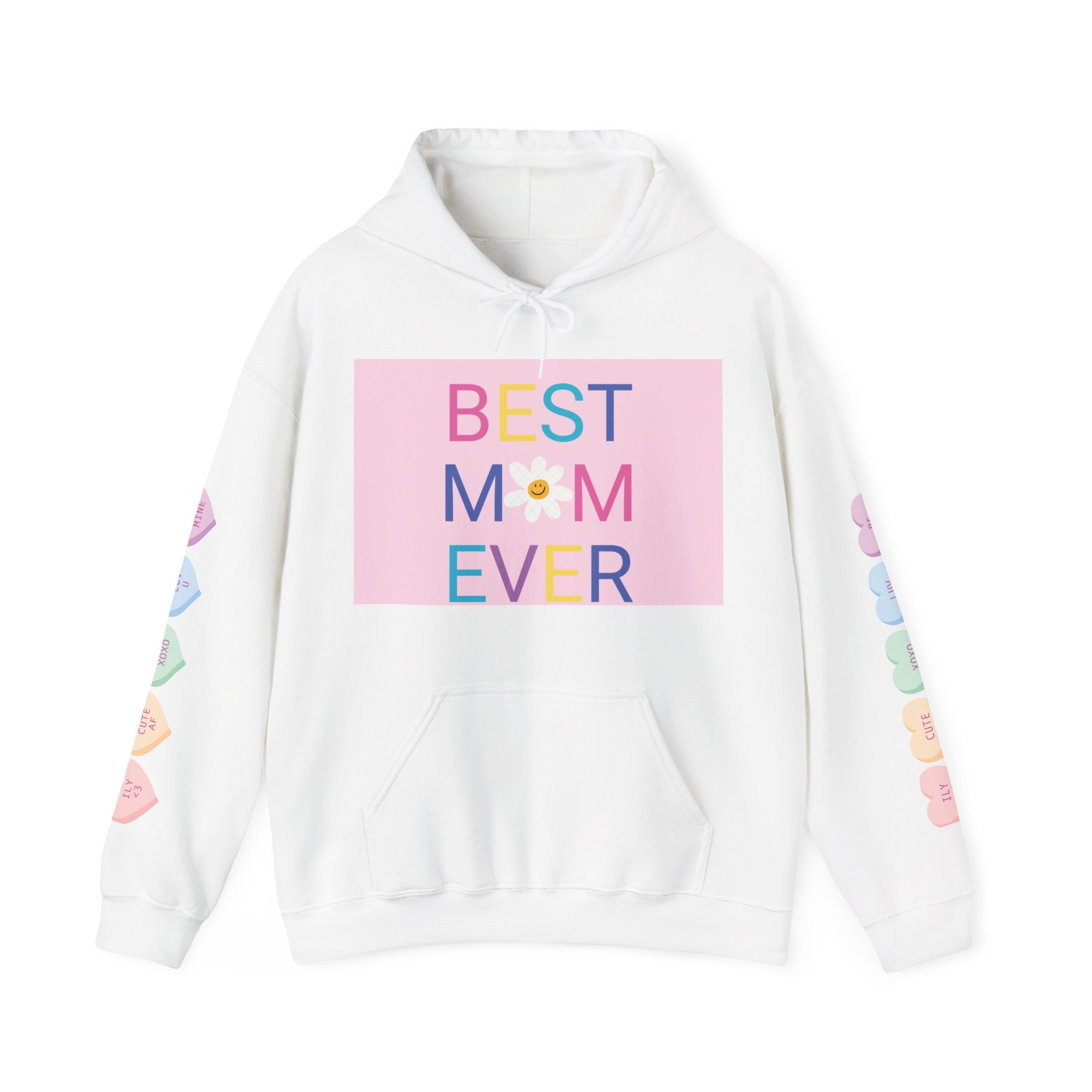 Best Mom Ever Hoodie – Pastel Graphic Mother’s Day Sweatshirt with Pink Statue of Liberty Back and Candy Heart Sleeve Accents