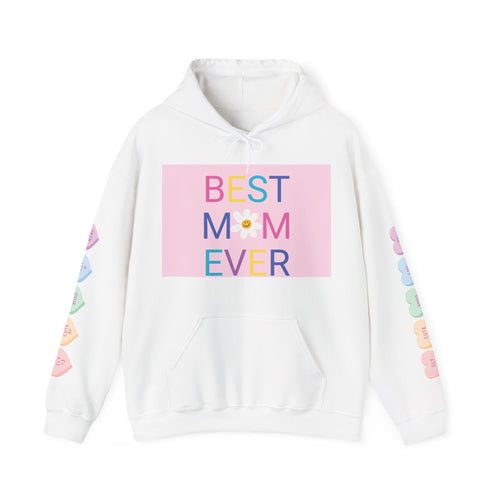 Best Mom Ever Hoodie – Pastel Graphic Mother’s Day Sweatshirt with Pink Statue of Liberty Back and Candy Heart Sleeve Accents
