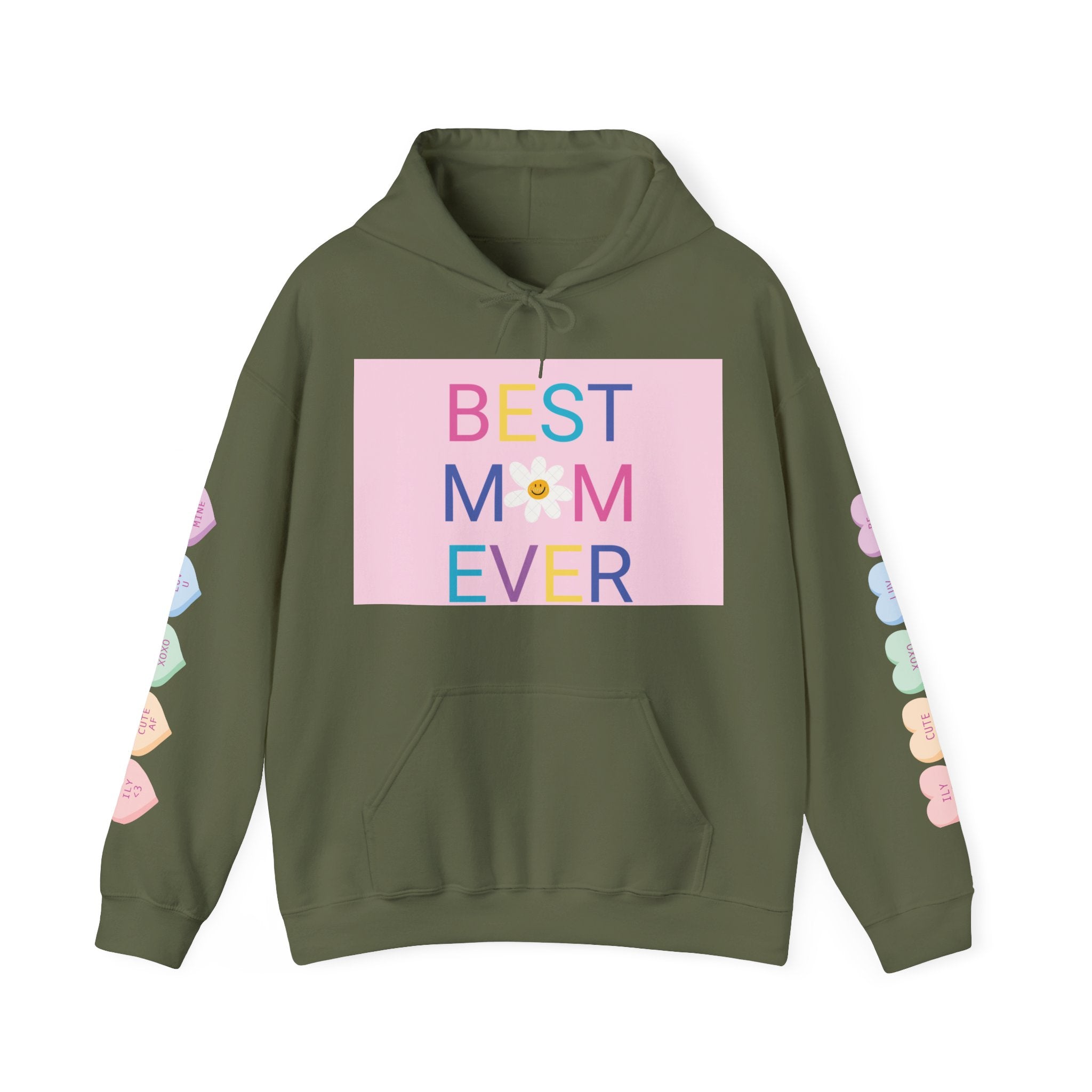 Best Mom Ever Hoodie – Pastel Graphic Mother’s Day Sweatshirt with Pink Statue of Liberty Back and Candy Heart Sleeve Accents