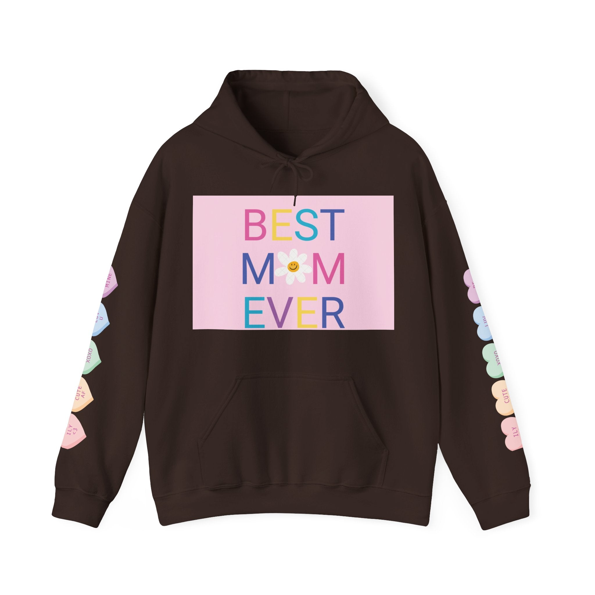 Best Mom Ever Hoodie – Pastel Graphic Mother’s Day Sweatshirt with Pink Statue of Liberty Back and Candy Heart Sleeve Accents