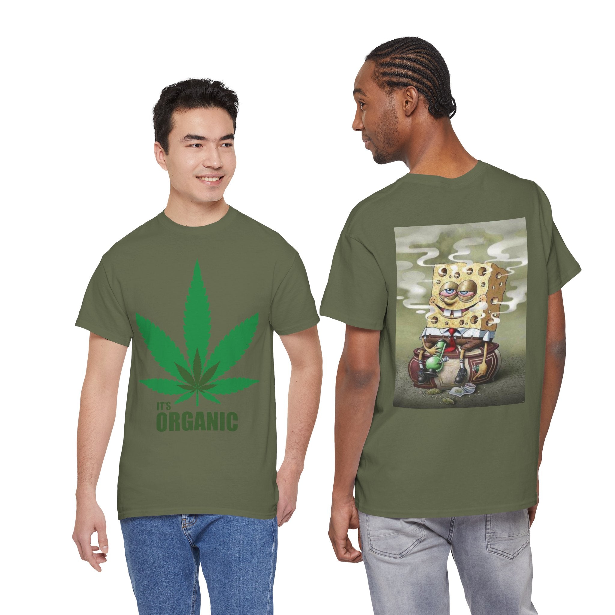 Organic Cannabis Leaf T‑Shirt — "It's Organic" Graphic Tee (Sponge Parody Back Print)