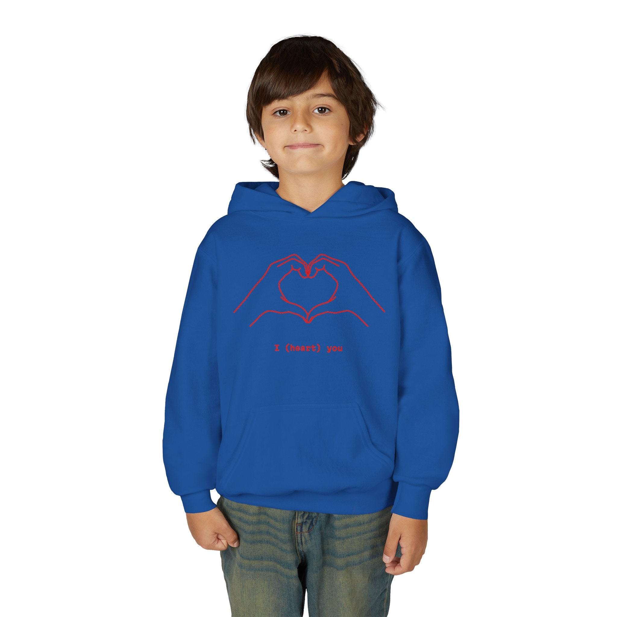 Youth Hoodie — Minimal Valentine Heart Hands "I (heart) you" Design