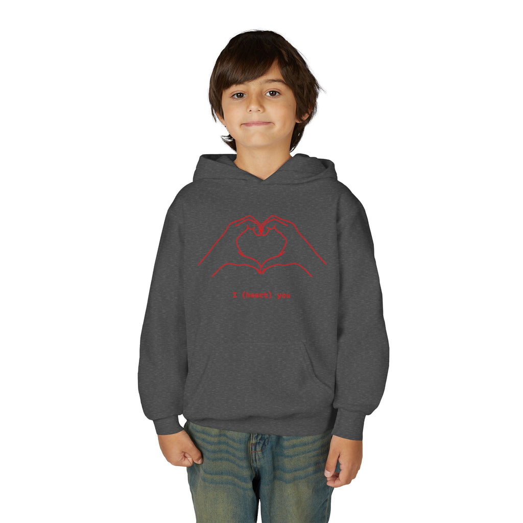 Youth Hoodie — Minimal Valentine Heart Hands "I (heart) you" Design