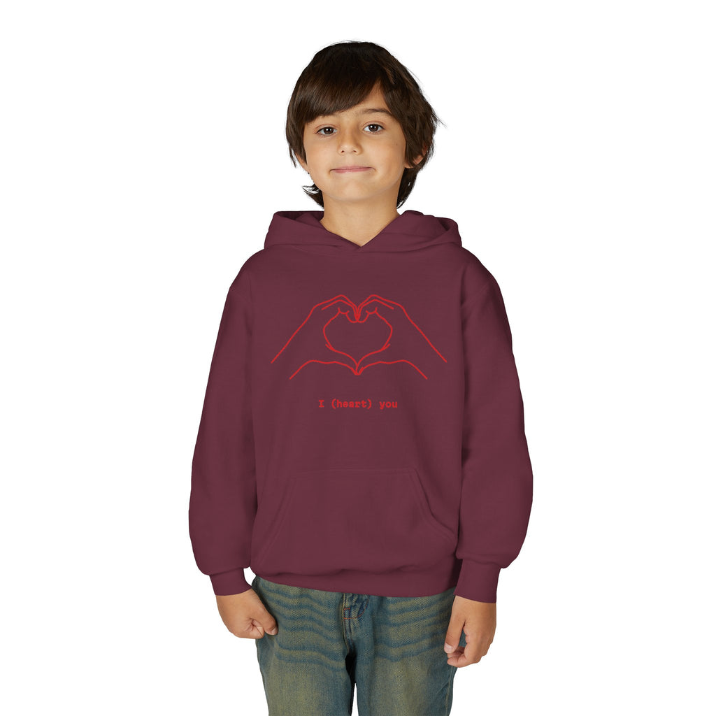Youth Hoodie — Minimal Valentine Heart Hands "I (heart) you" Design