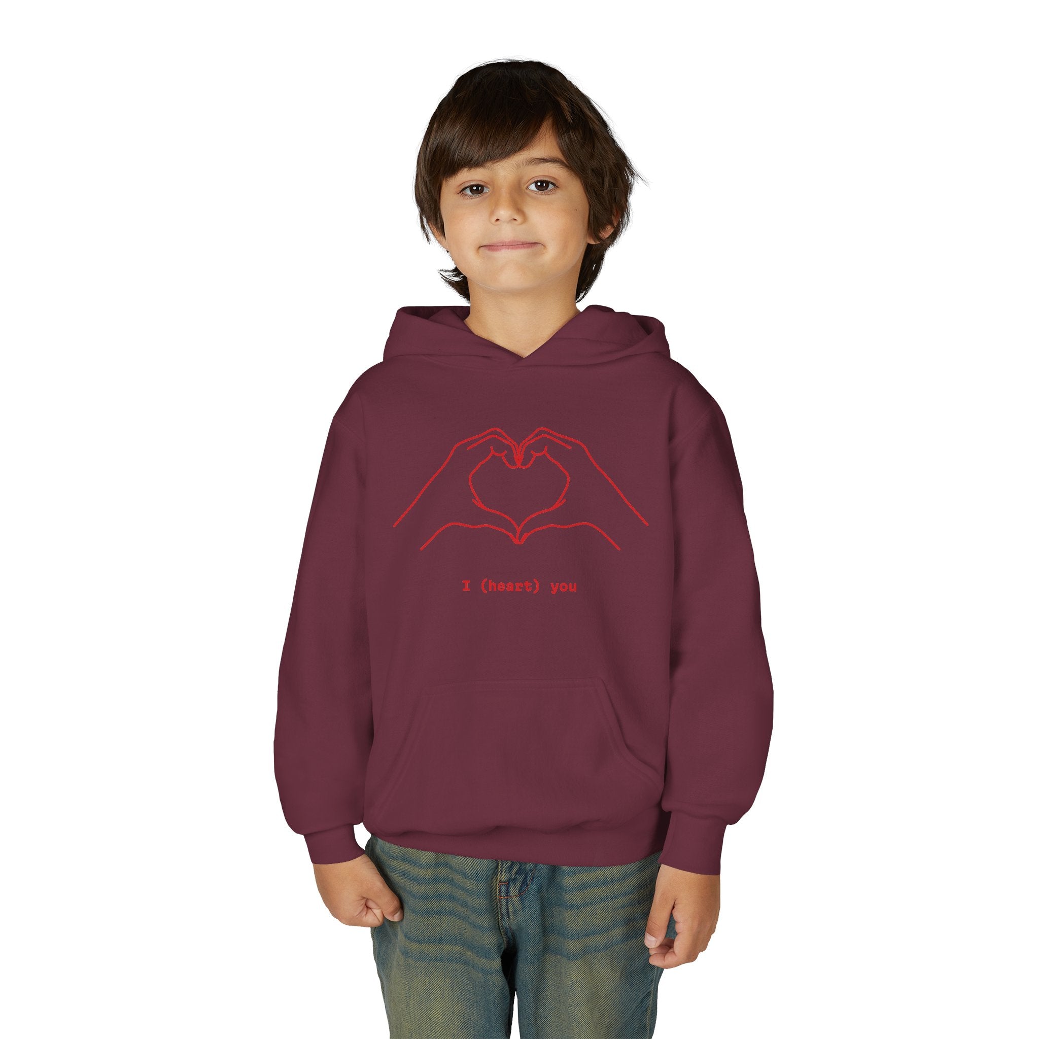 Youth Hoodie — Minimal Valentine Heart Hands "I (heart) you" Design
