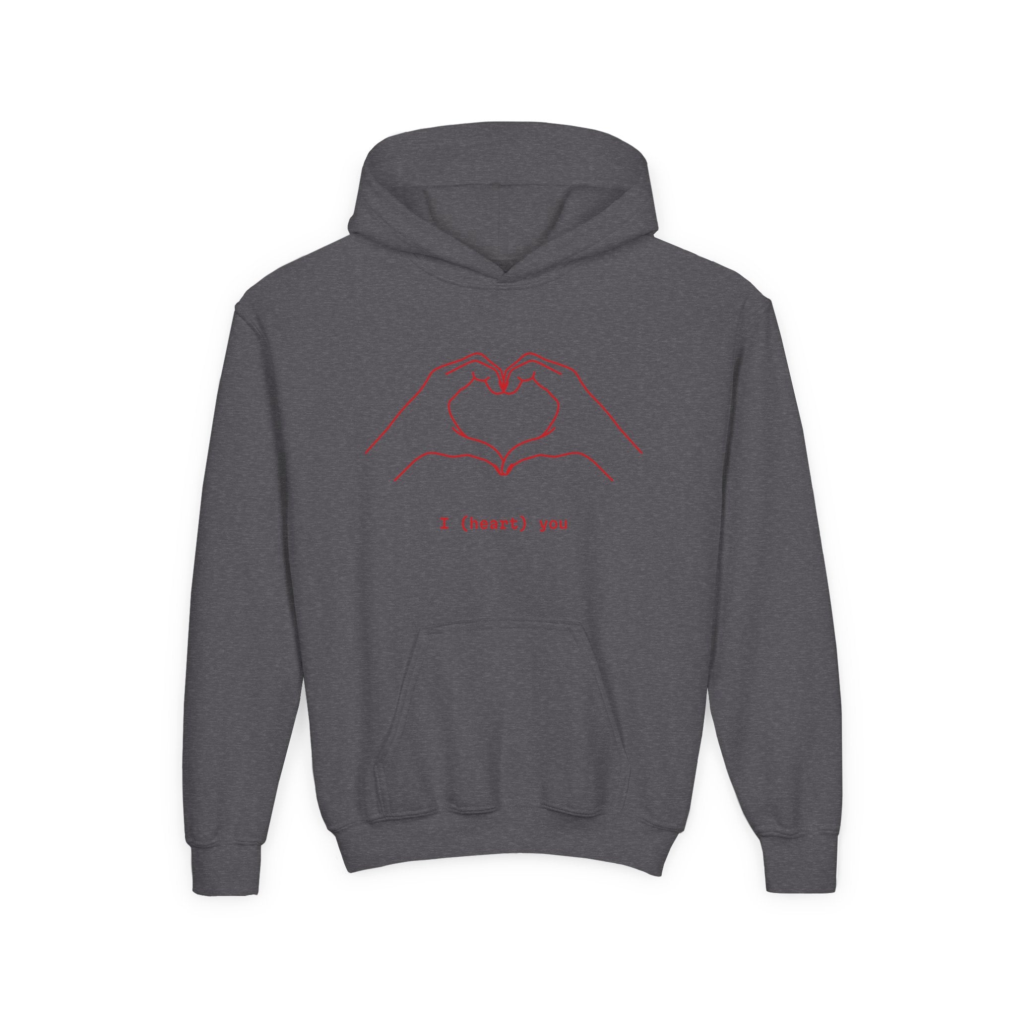 Youth Hoodie — Minimal Valentine Heart Hands "I (heart) you" Design