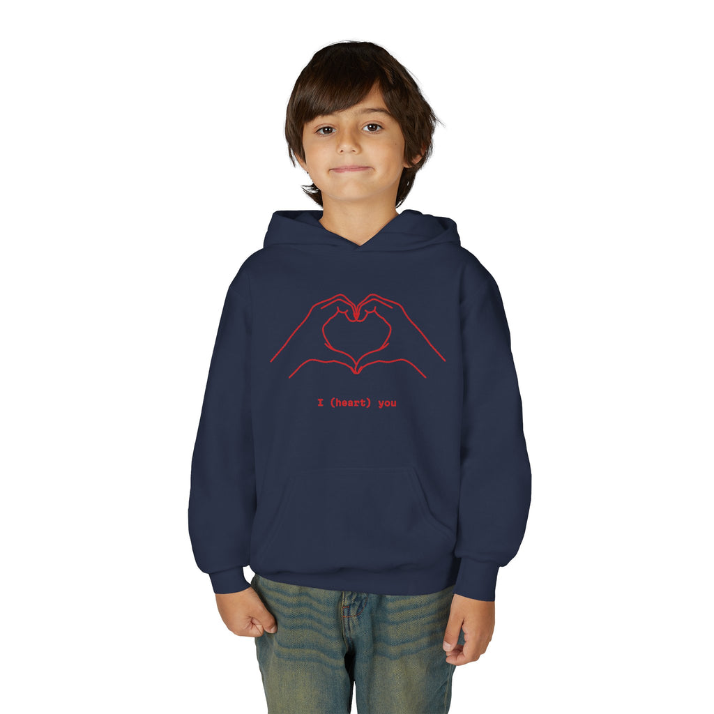 Youth Hoodie — Minimal Valentine Heart Hands "I (heart) you" Design