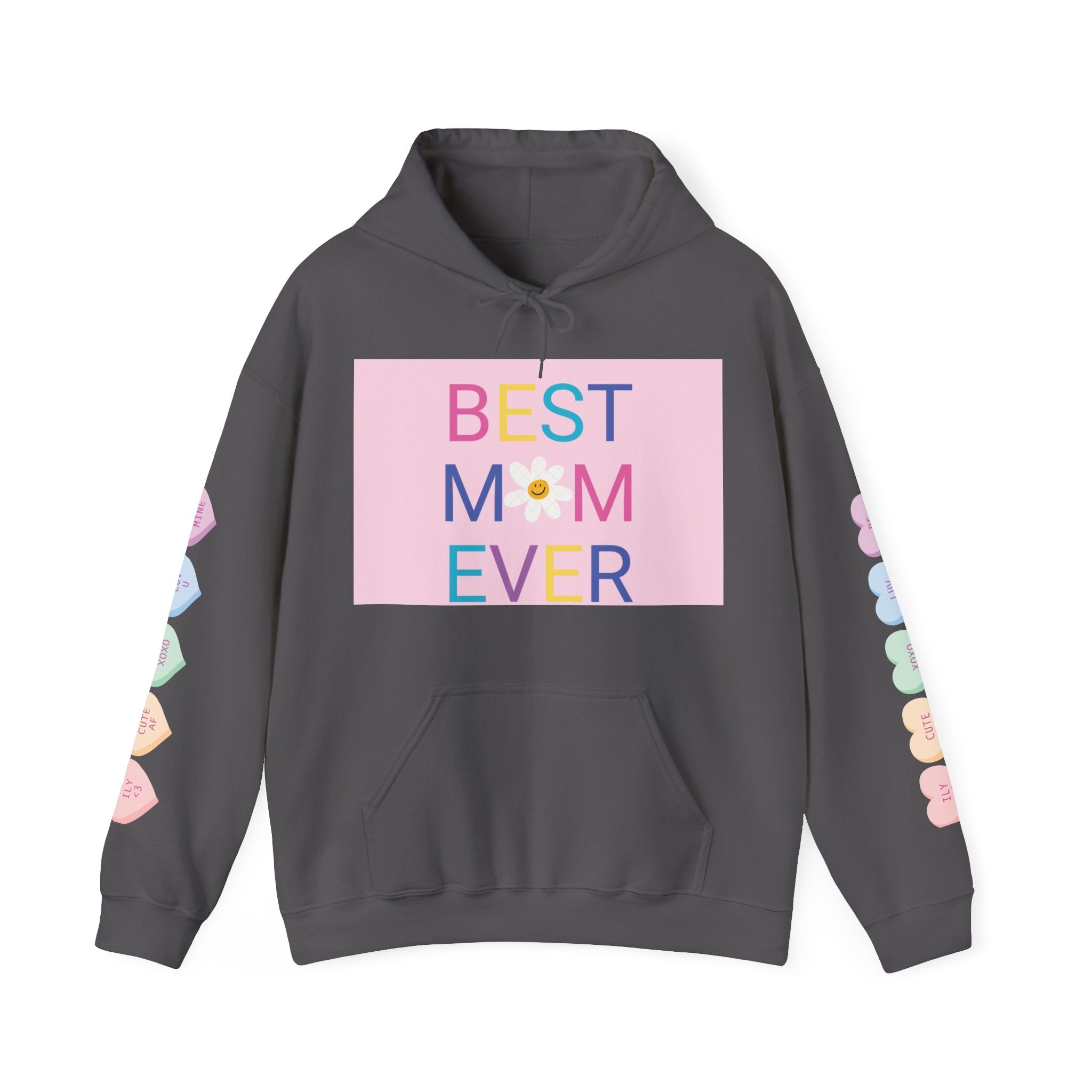Best Mom Ever Hoodie – Pastel Graphic Mother’s Day Sweatshirt with Pink Statue of Liberty Back and Candy Heart Sleeve Accents