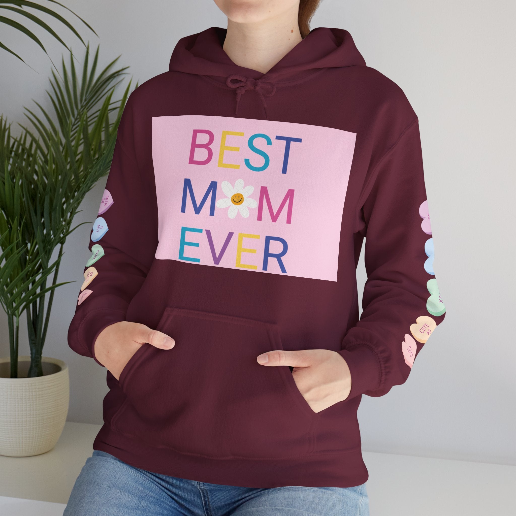 Best Mom Ever Hoodie – Pastel Graphic Mother’s Day Sweatshirt with Pink Statue of Liberty Back and Candy Heart Sleeve Accents