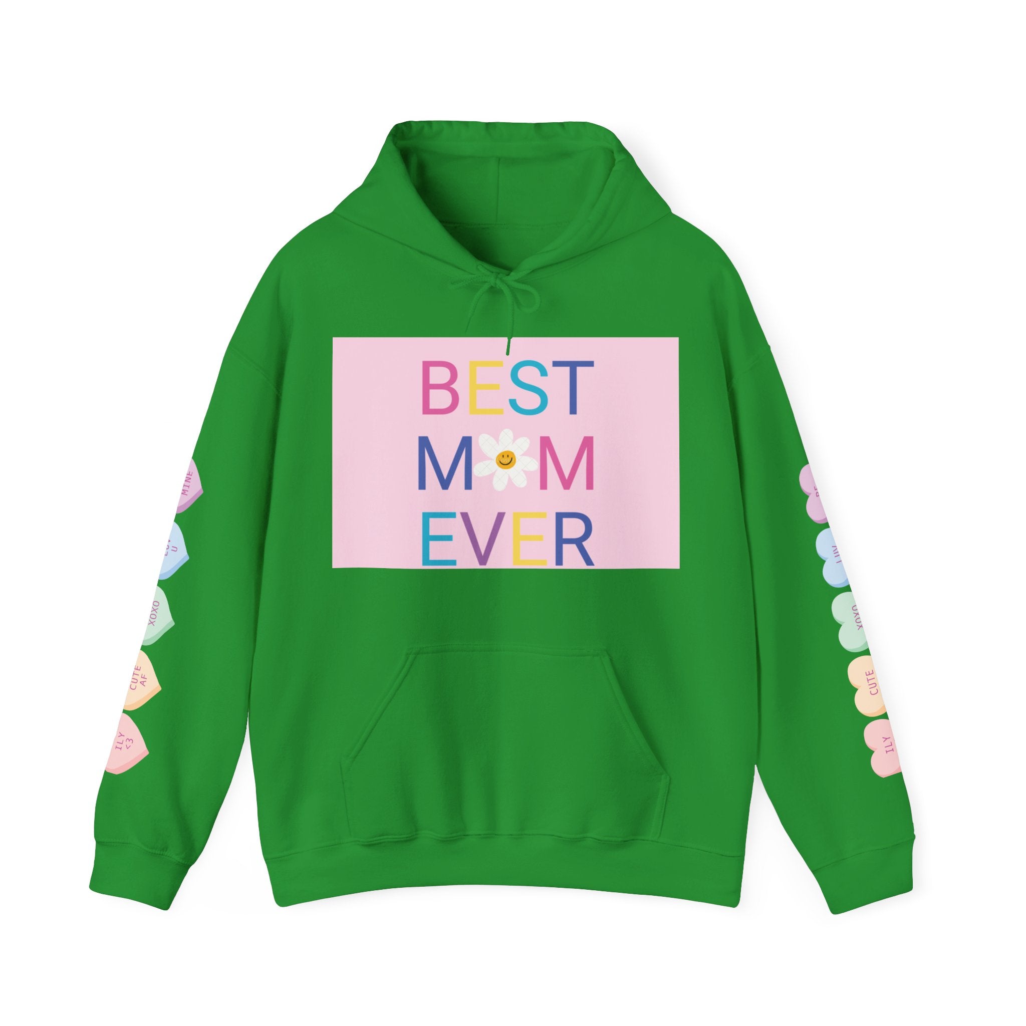 Best Mom Ever Hoodie – Pastel Graphic Mother’s Day Sweatshirt with Pink Statue of Liberty Back and Candy Heart Sleeve Accents