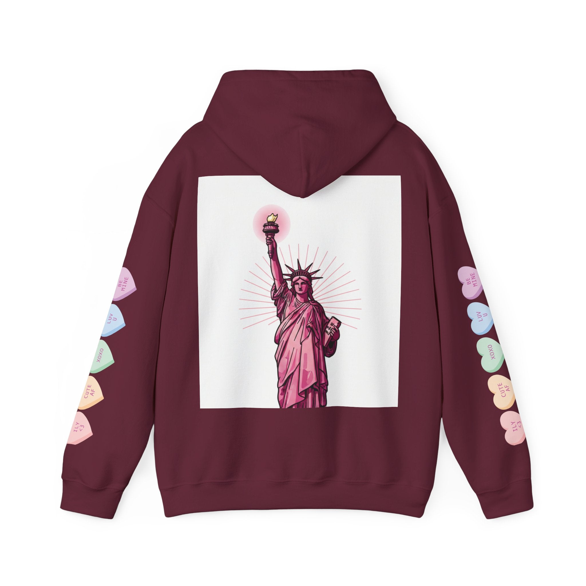 Best Mom Ever Hoodie – Pastel Graphic Mother’s Day Sweatshirt with Pink Statue of Liberty Back and Candy Heart Sleeve Accents