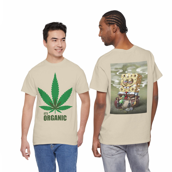 Organic Cannabis Leaf T‑Shirt — "It's Organic" Graphic Tee (Sponge Parody Back Print)